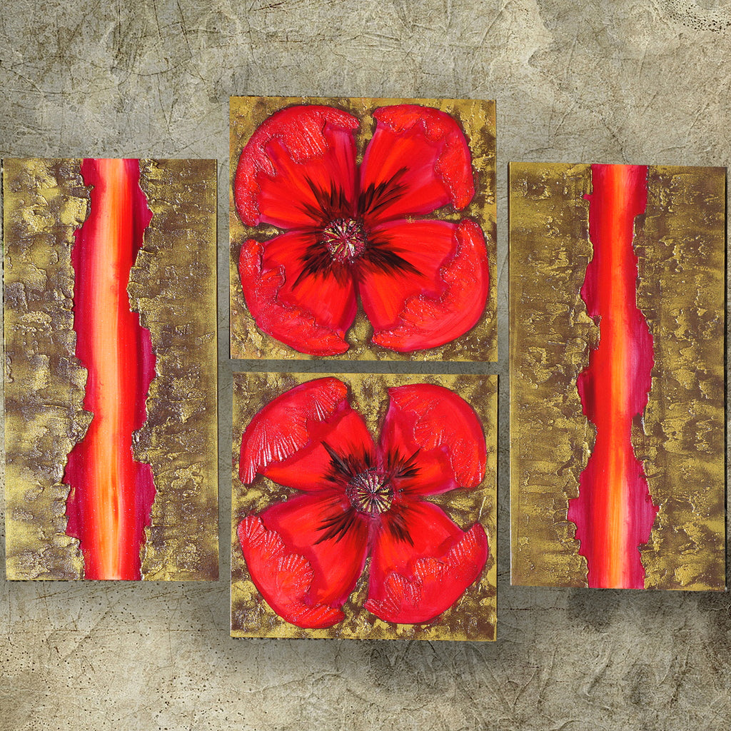 Red gold abstract Paintings “Poppies A049” — Large textured quadriptych
Original Acrylic Painting on Stretched deep Canvas by Artist Ksavera
