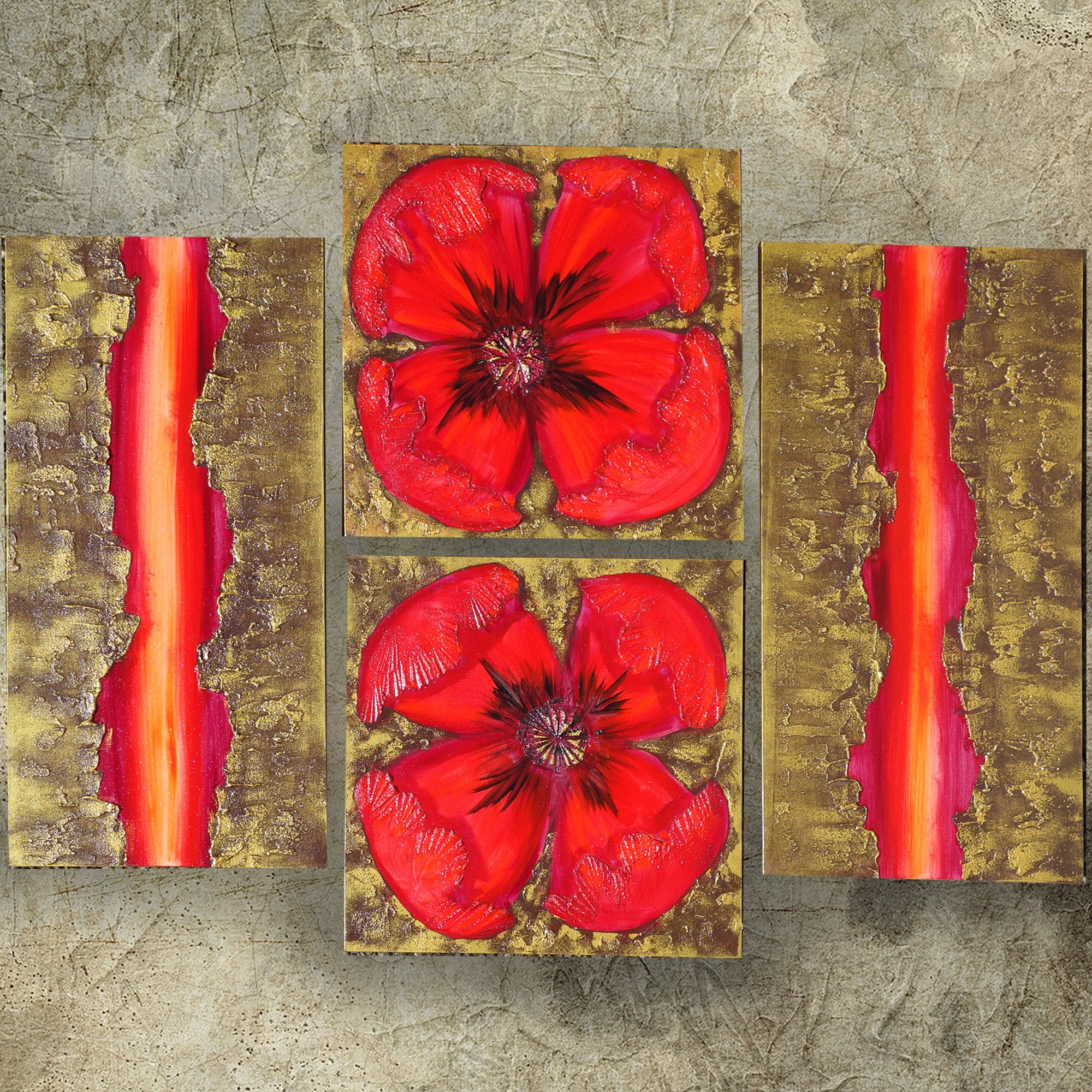 Red gold abstract Paintings “Poppies A049” — Large textured quadriptych
Original Acrylic Painting on Stretched deep Canvas by Artist Ksavera