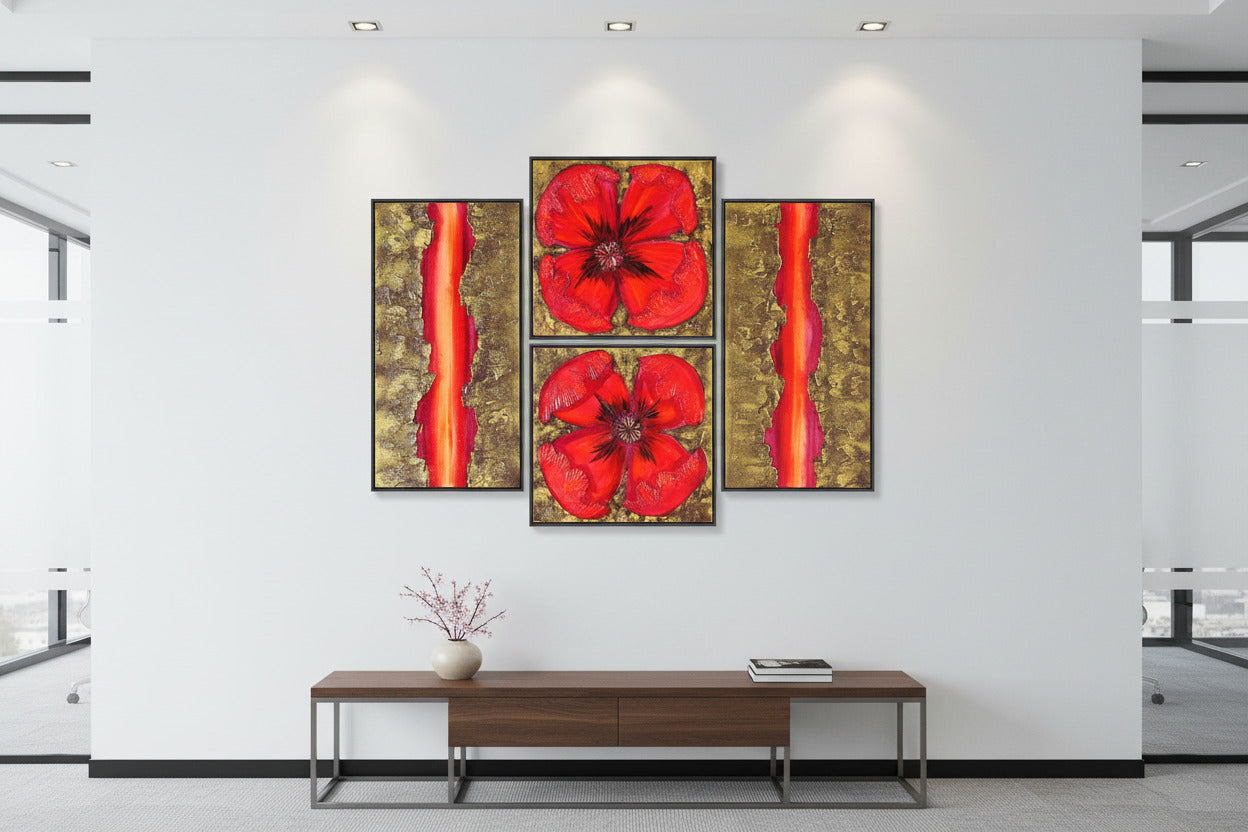 Red gold abstract Paintings “Poppies A049” — Large textured quadriptych
Original Acrylic Painting on Stretched deep Canvas by Artist Ksavera