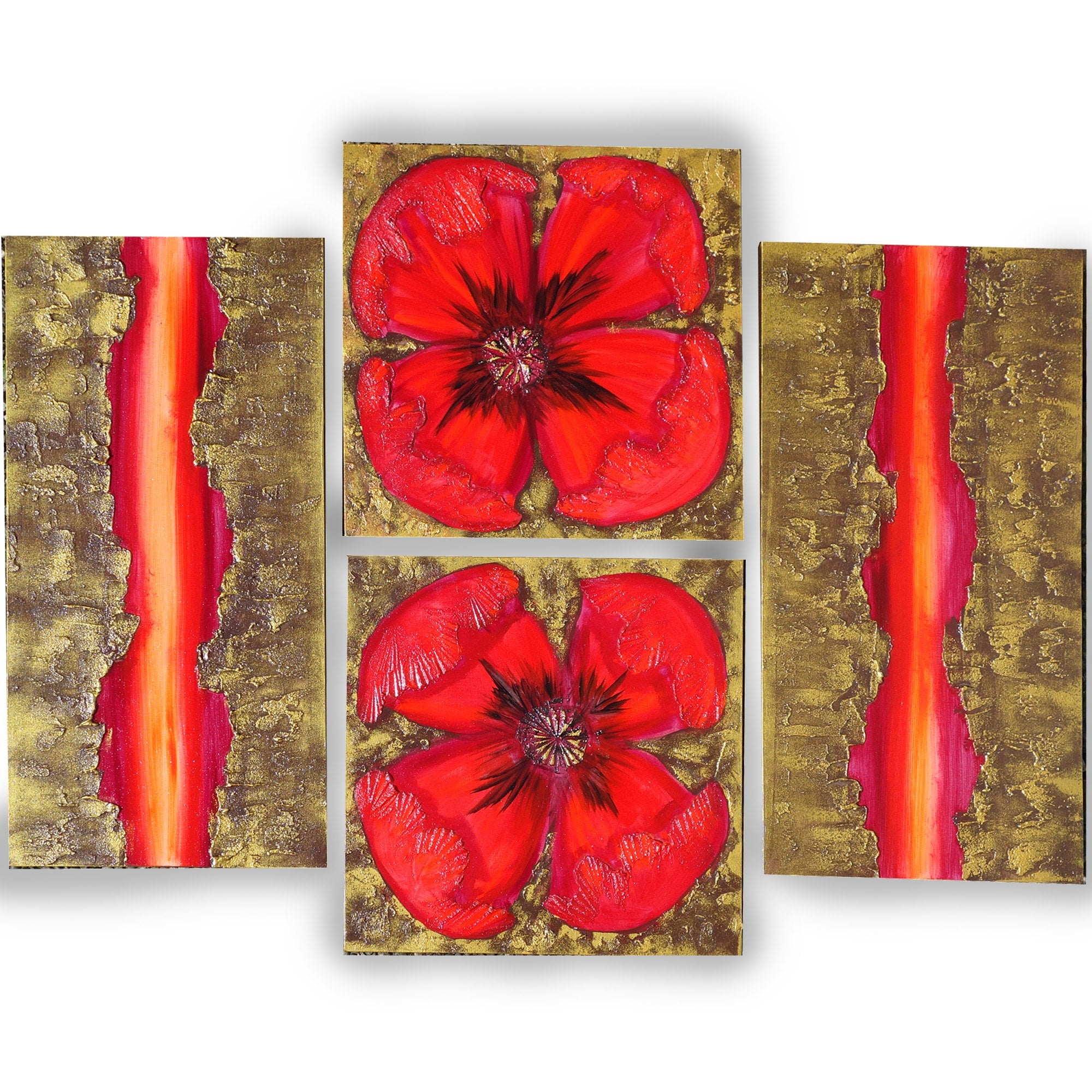 Red gold abstract Paintings “Poppies A049” — Large textured quadriptych
Original Acrylic Painting on Stretched deep Canvas by Artist Ksavera