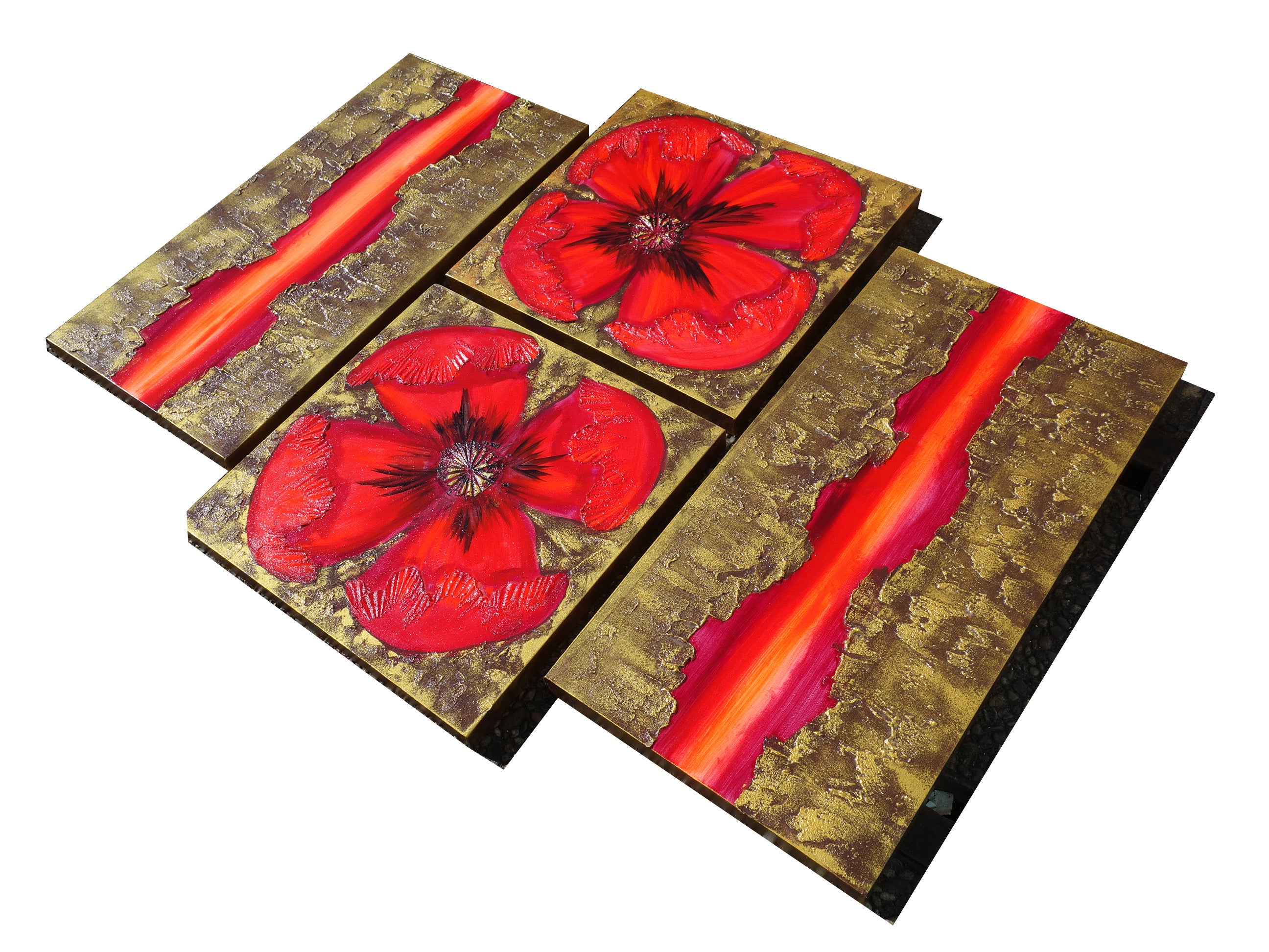 Red gold abstract Paintings “Poppies A049” — Large textured quadriptych
Original Acrylic Painting on Stretched deep Canvas by Artist Ksavera