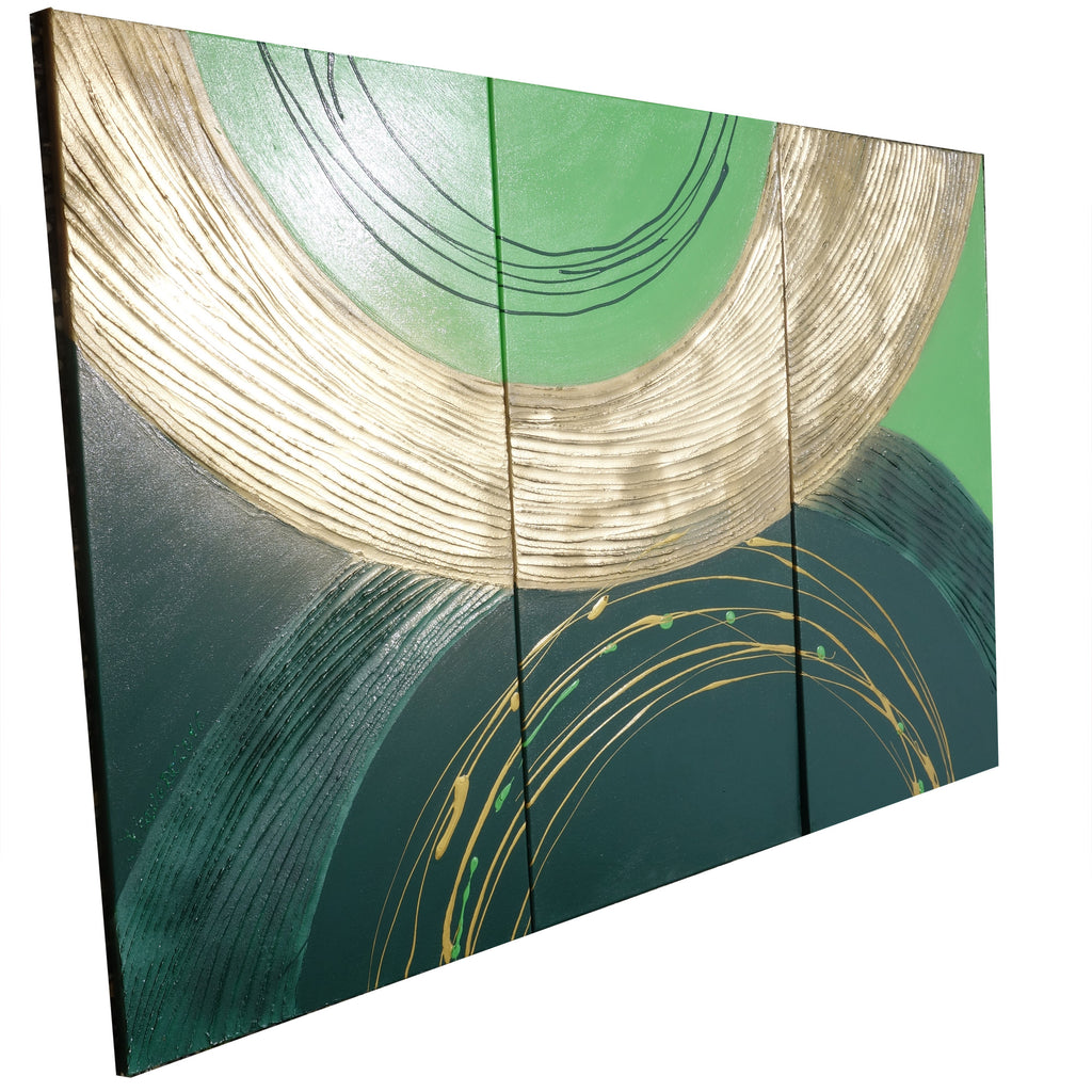 Peintures or vert « Abstrait A056 » — Grand triptyque texturé de Ksavera