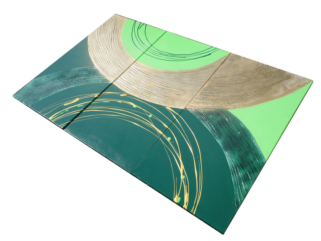 Peintures or vert « Abstrait A056 » — Grand triptyque texturé de Ksavera