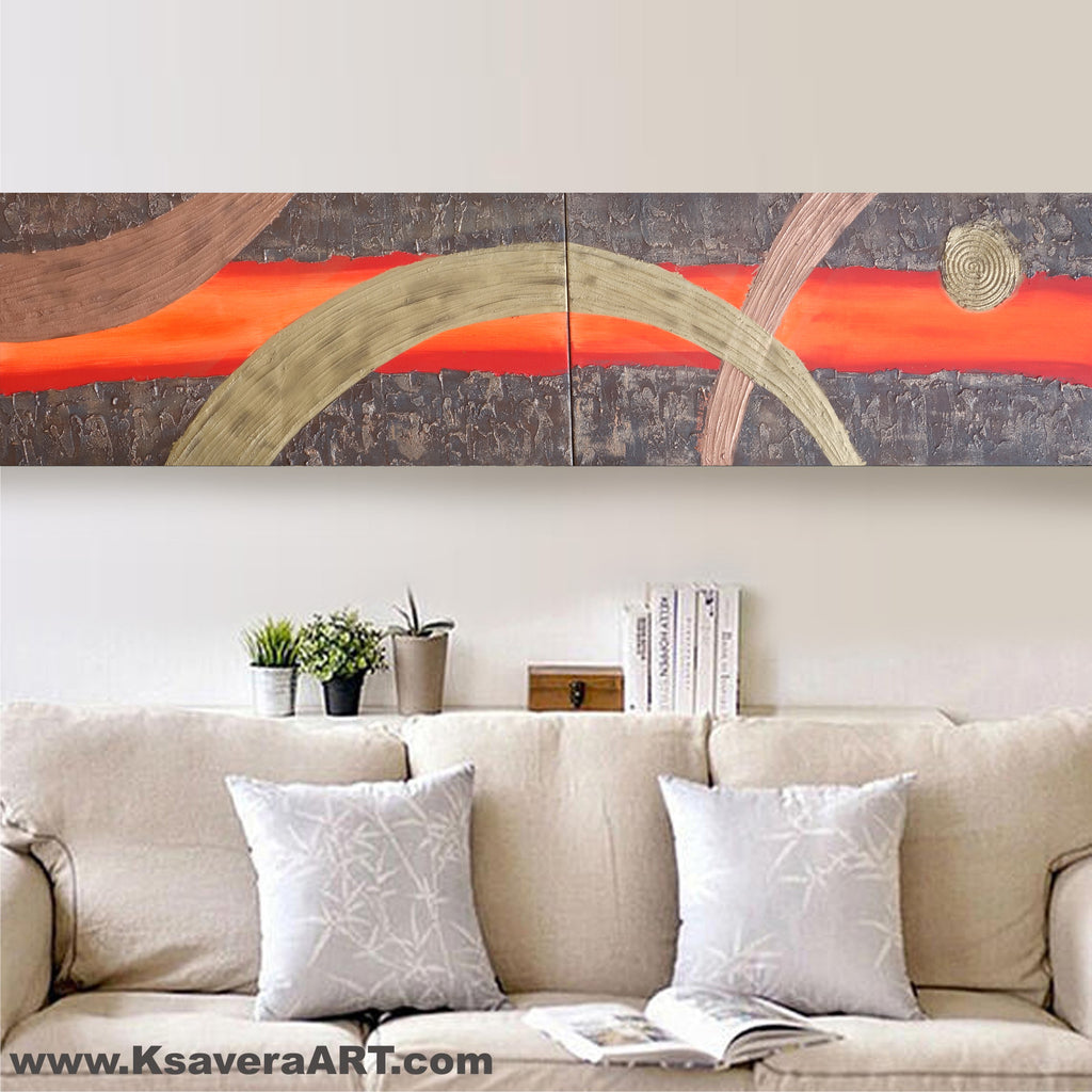Rusty Red Paintings “Abstract A108” — Textured Long Diptych by Ksavera