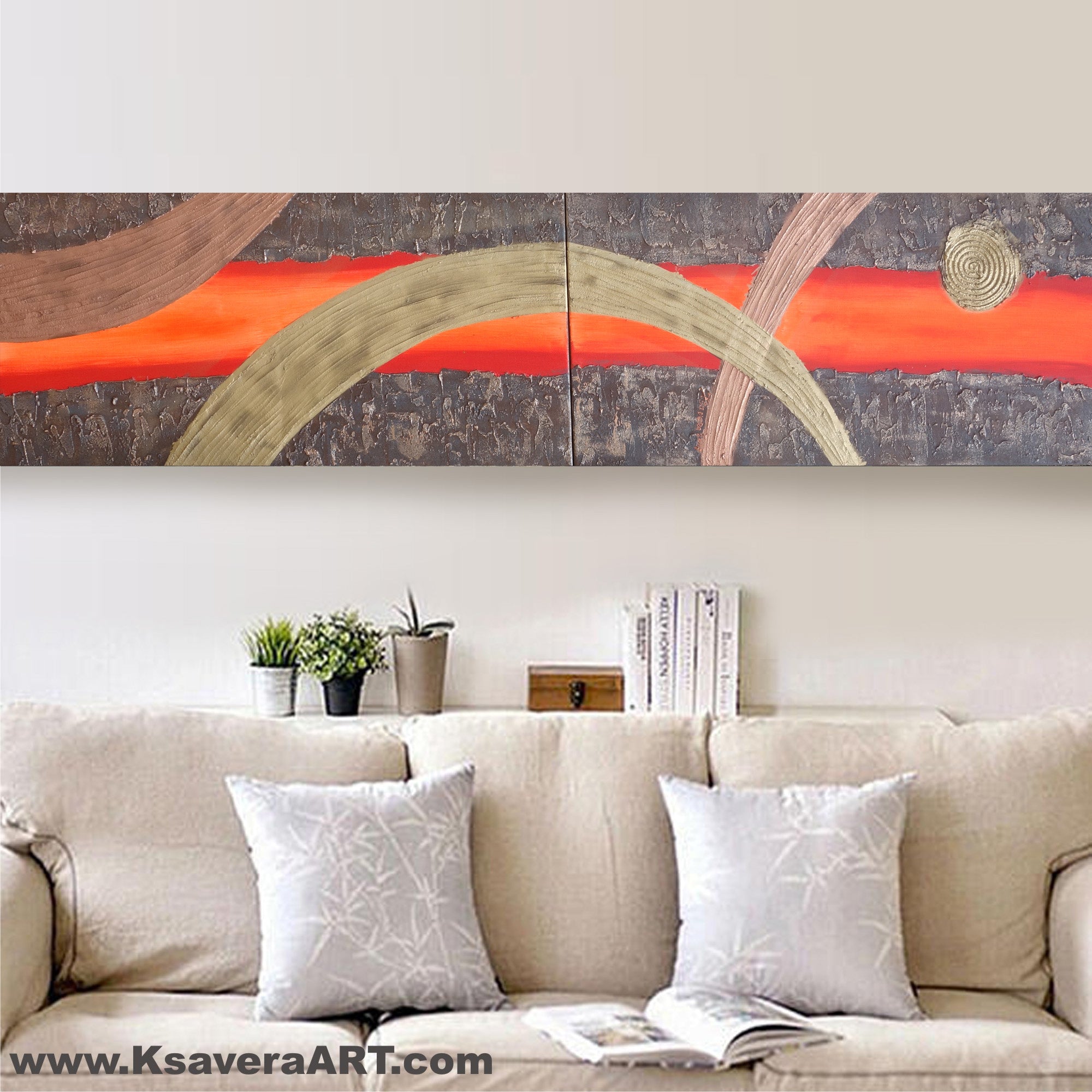 Rusty Red Paintings “Abstract A108” — Textured Long Diptych by Ksavera
