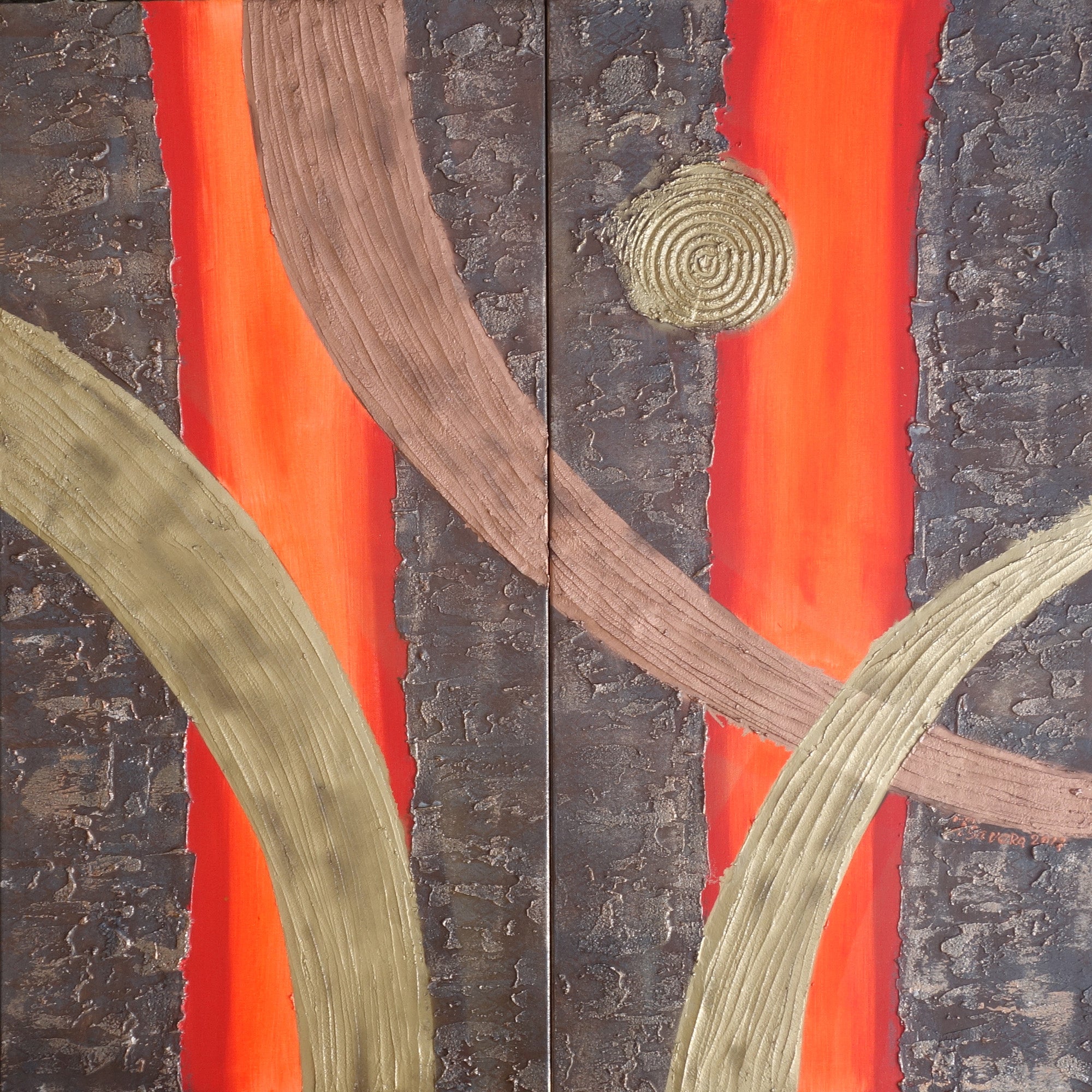 Rusty Red Paintings “Abstract A108” — Textured Long Diptych by Ksavera
