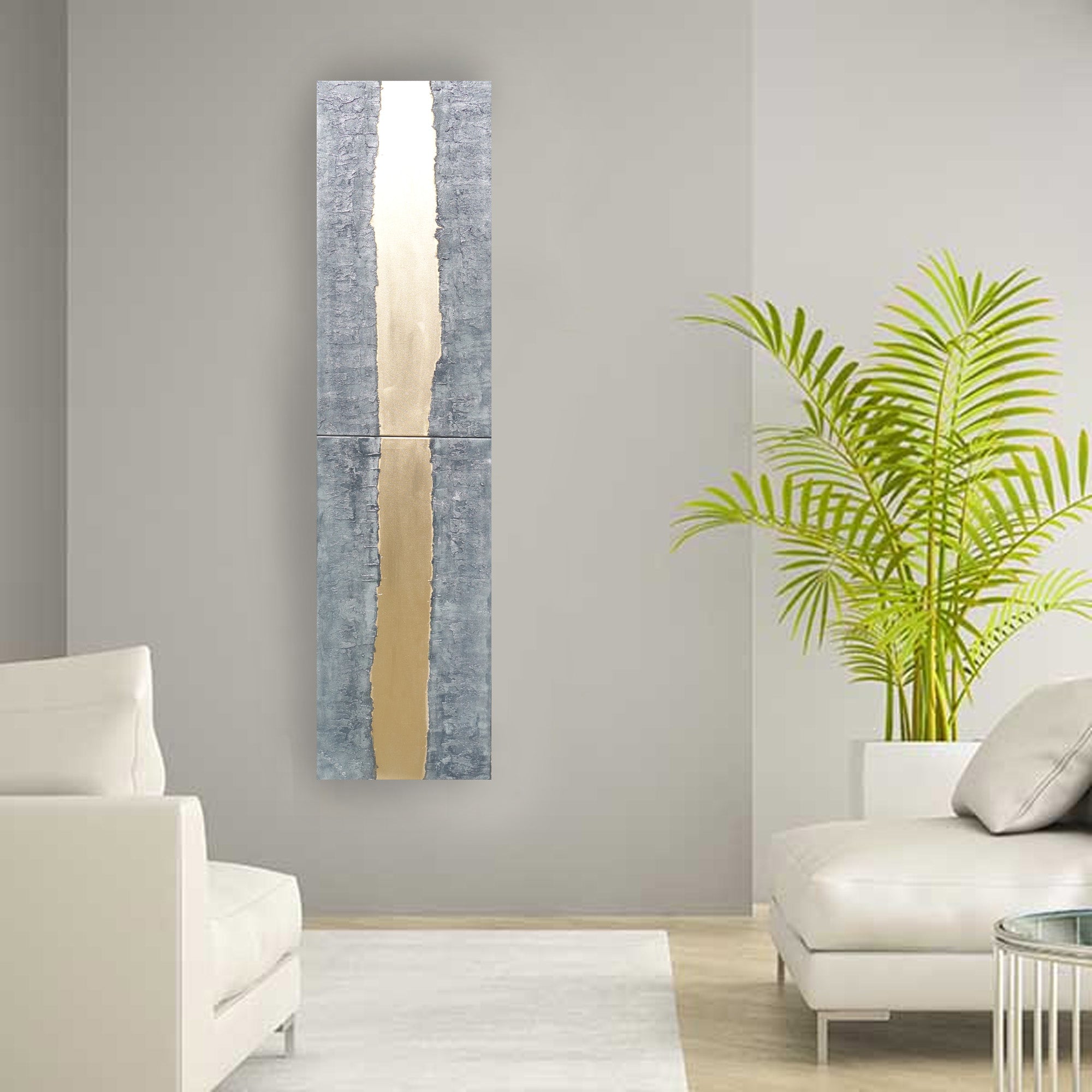 Gold Steel Paintings “Abstract A244” — Textured Long Diptych
Original Acrylic Painting on Stretched Canvas by Artist Ksavera