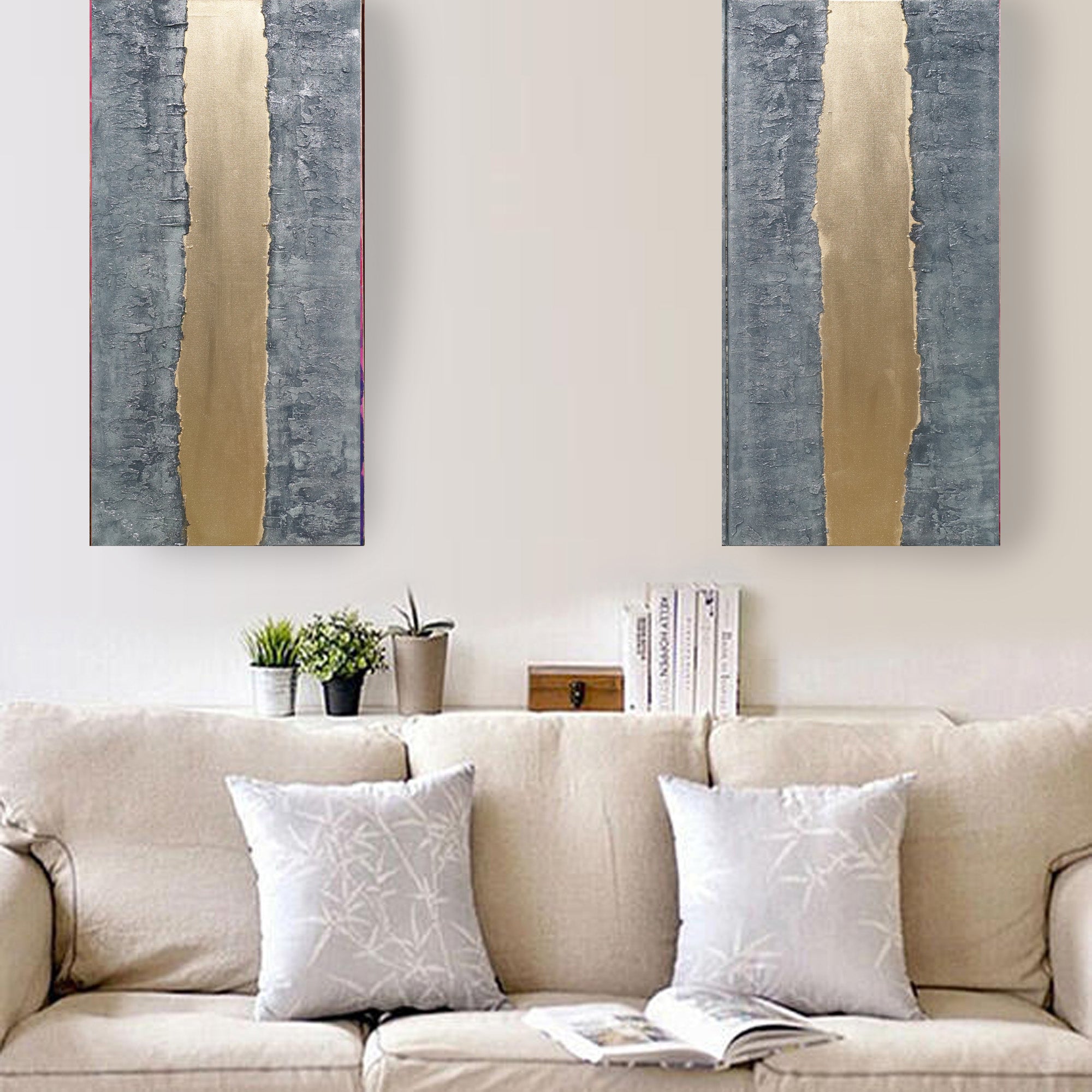 Gold Steel Paintings “Abstract A244” — Textured Long Diptych
Original Acrylic Painting on Stretched Canvas by Artist Ksavera
