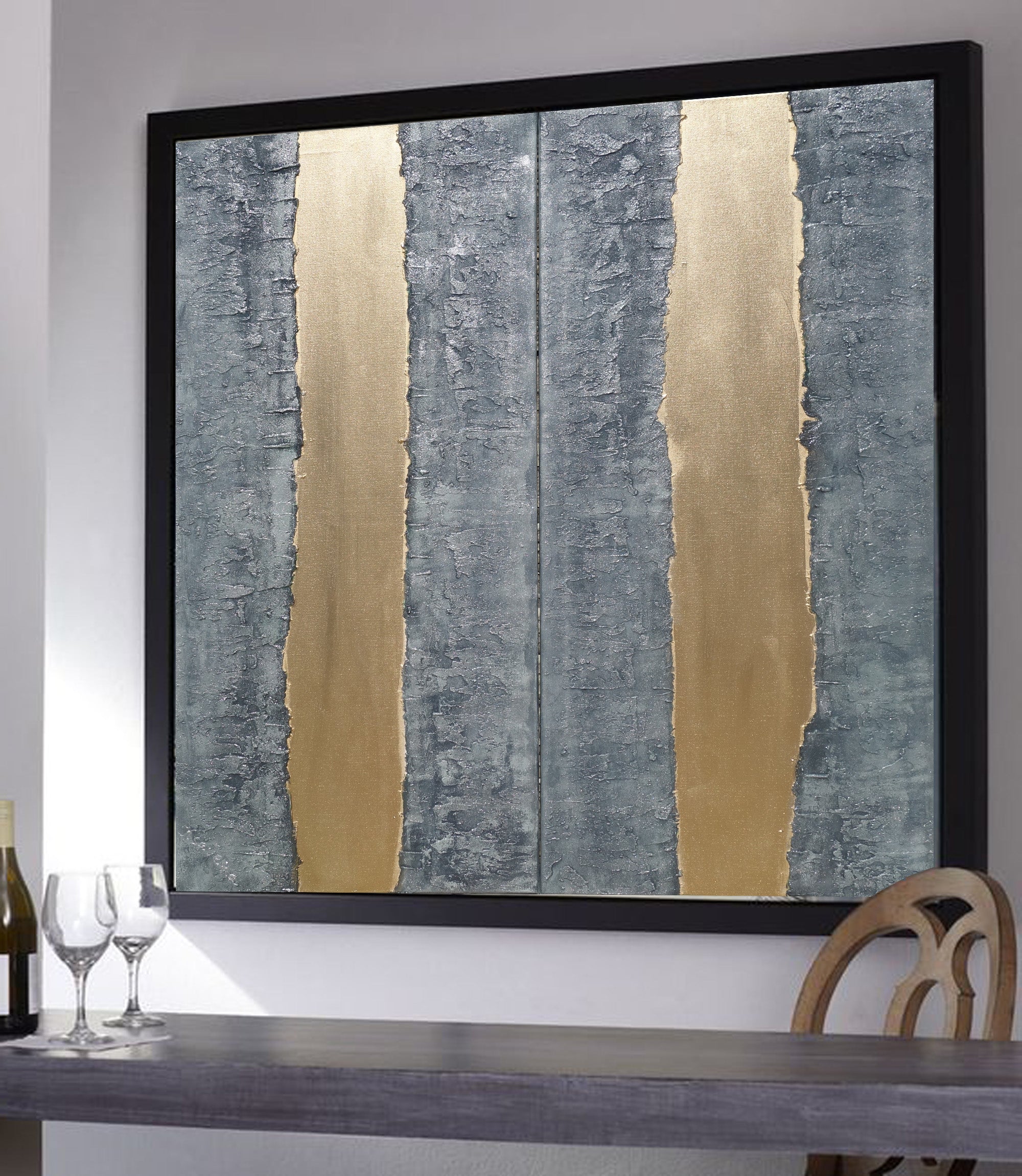 Gold Steel Paintings “Abstract A244” — Textured Long Diptych
Original Acrylic Painting on Stretched Canvas by Artist Ksavera