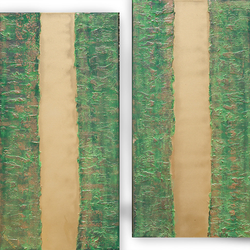 Gold green Paintings “Abstract A248” - Textured Long Diptych by Ksavera