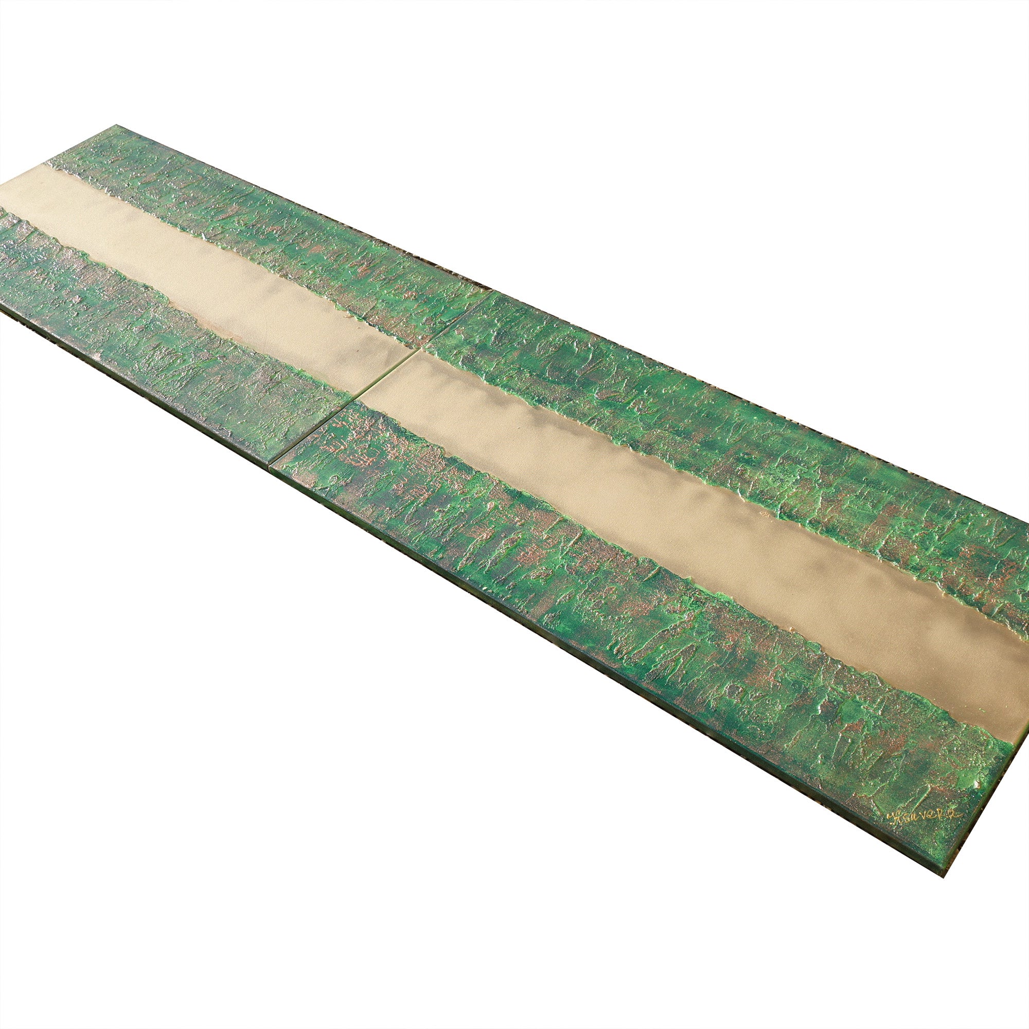 Gold green Paintings “Abstract A248” - Textured Long Diptych by Ksavera