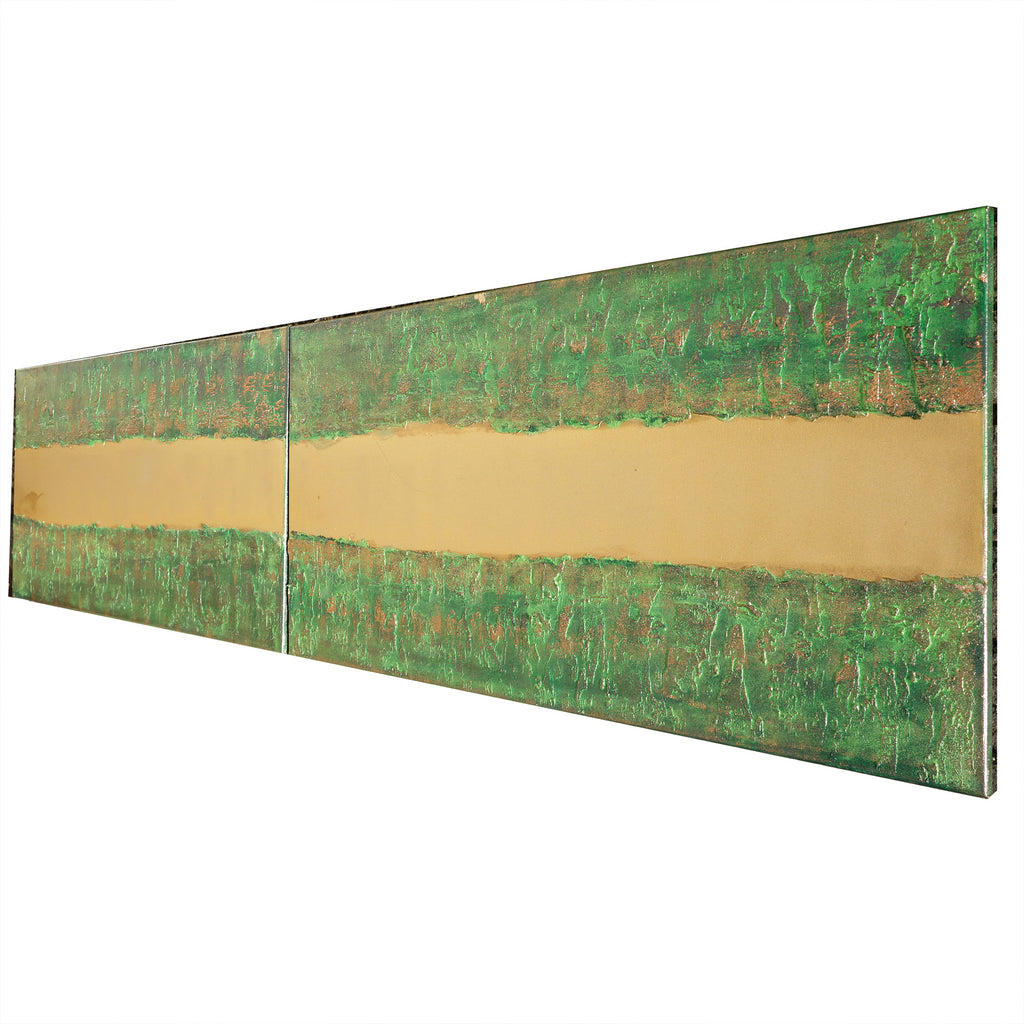 Gold green Paintings “Abstract A248” - Textured Long Diptych by Ksavera