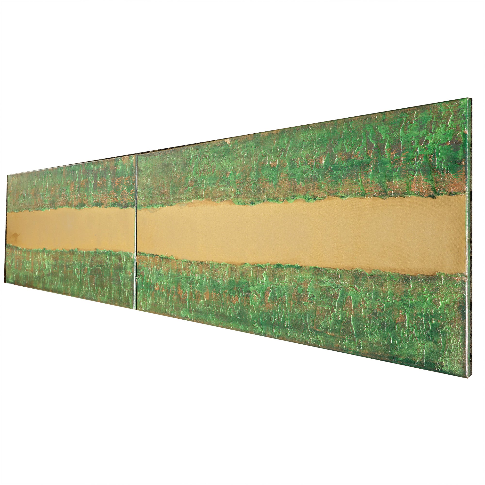 Gold green Paintings “Abstract A248” - Textured Long Diptych by Ksavera