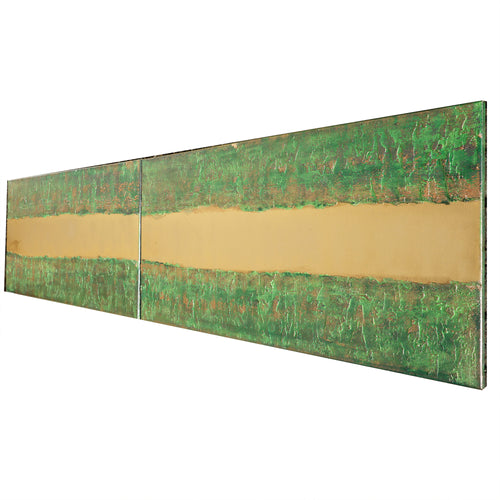 Gold green Paintings “Abstract A248” - Textured Long Diptych by Ksavera