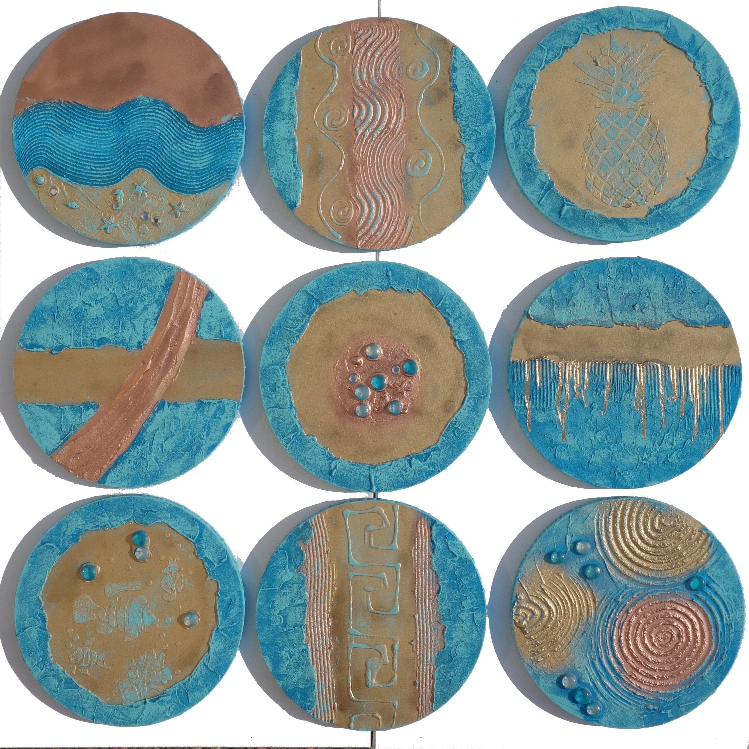 Gold Blue Abstract Painting A290 - Set of 9 Original Textured round Paintings by Ksavera