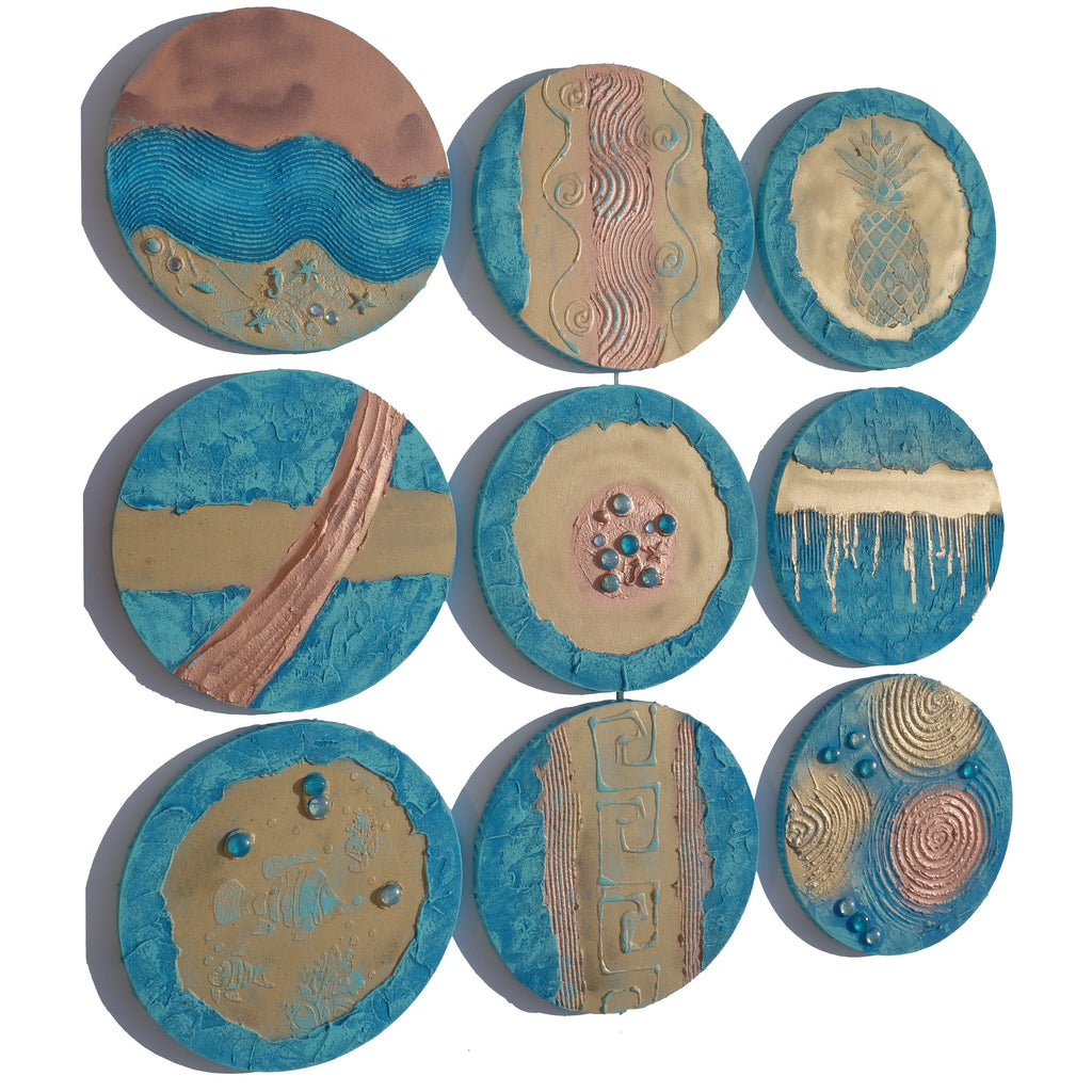 Gold Blue Abstract Painting A290 - Set of 9 Original Textured round Paintings by Ksavera