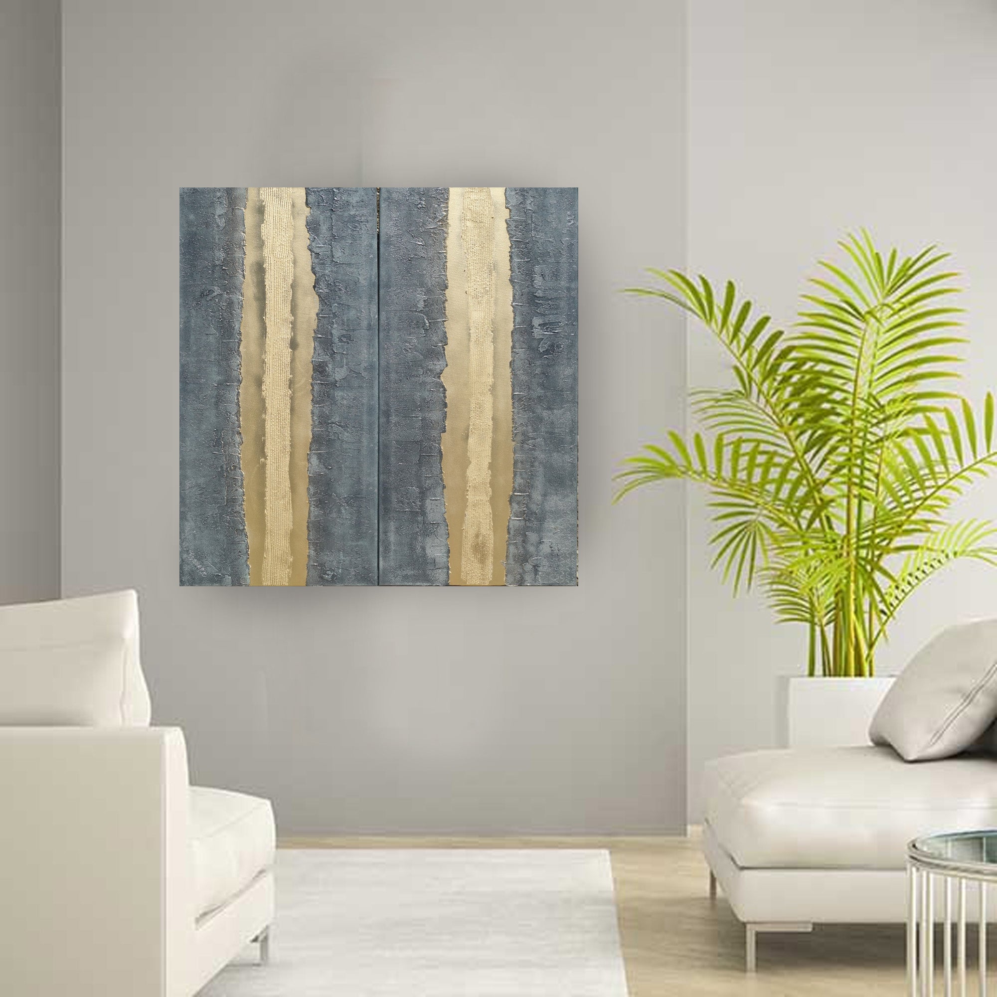 Peintures sur fer doré « Abstrait A337 » — Diptyque allongé texturé de Ksavera