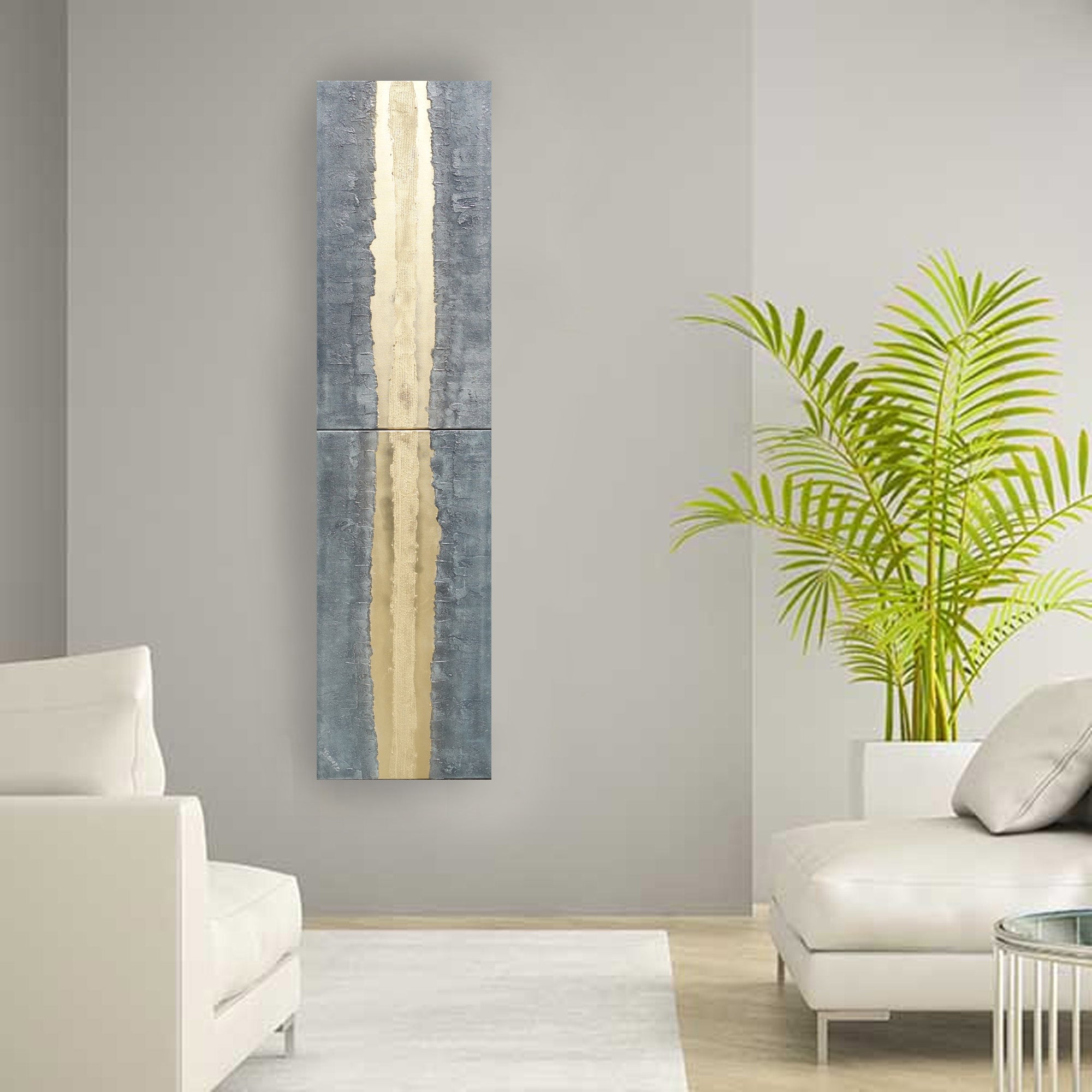 Peintures sur fer doré « Abstrait A337 » — Diptyque allongé texturé de Ksavera