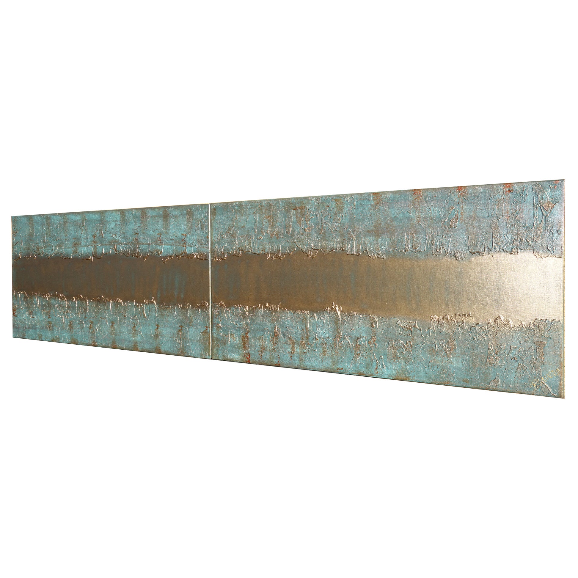 Gold patina Paintings “Abstract A443” - Textured Long Diptych by Ksavera