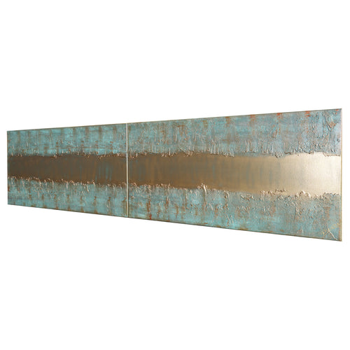 Gold patina Paintings “Abstract A443” - Textured Long Diptych by Ksavera