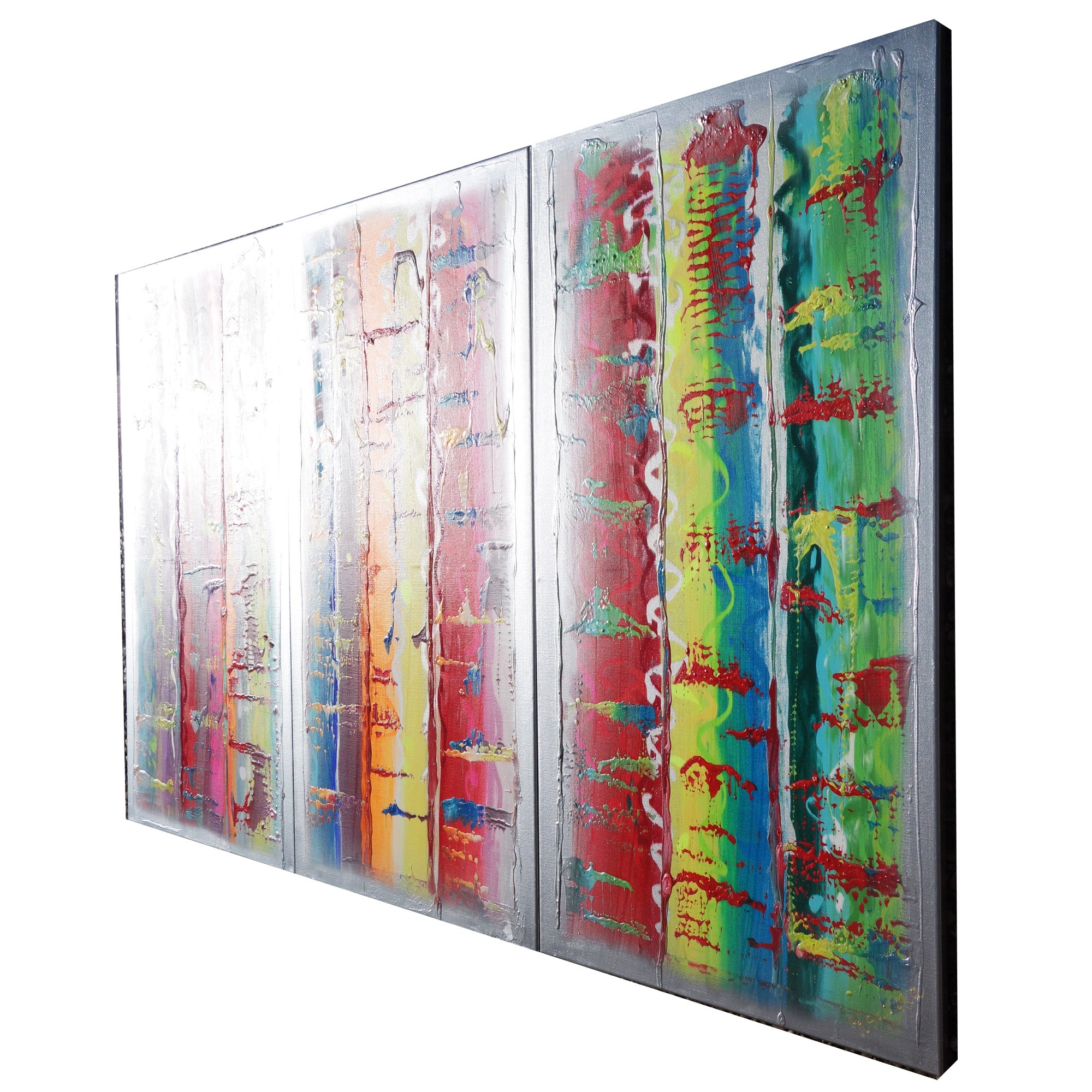 Silver colorful Paintings “Abstract A460” - Large palette knife Triptych by Ksavera