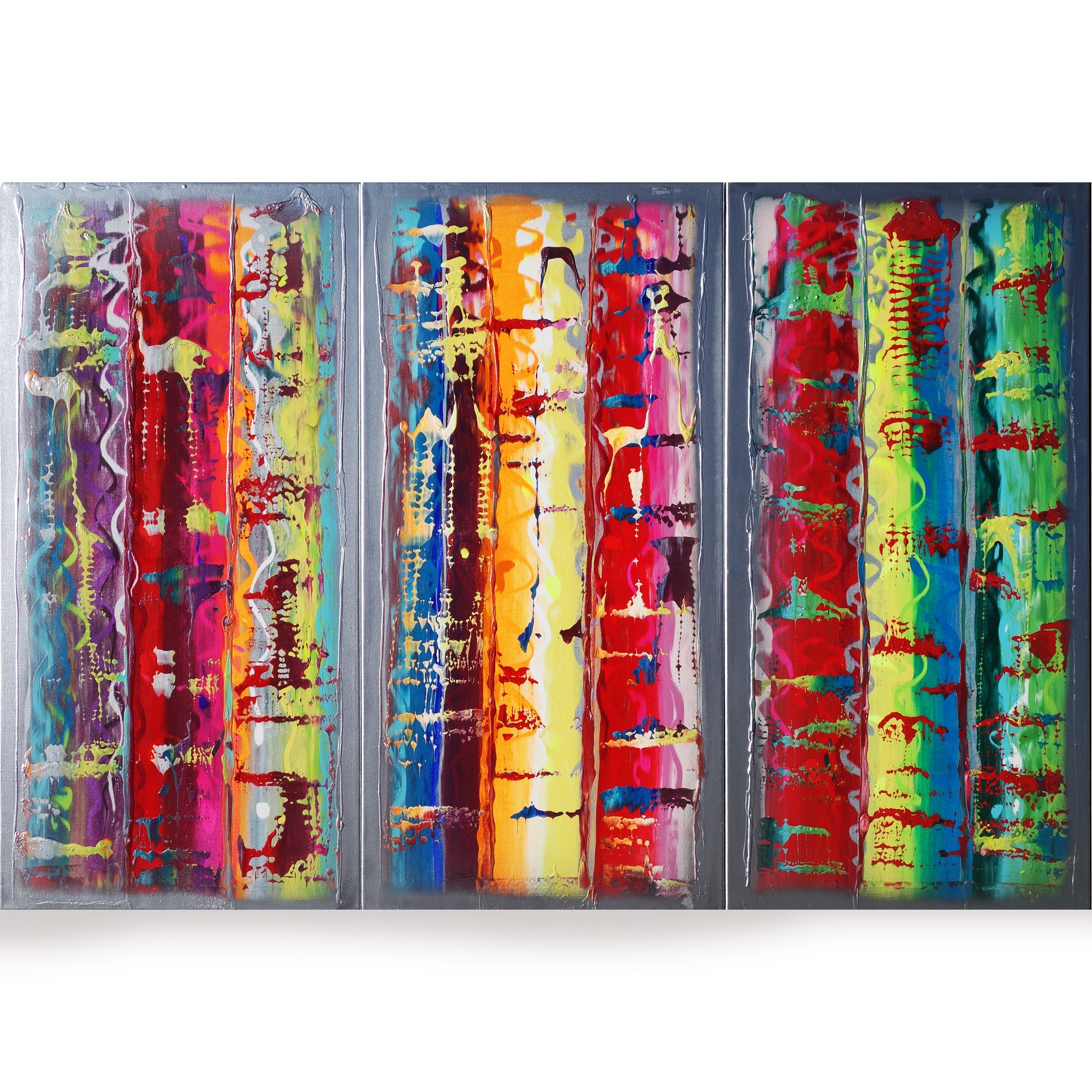 Silver colorful Paintings “Abstract A460” - Large palette knife Triptych by Ksavera