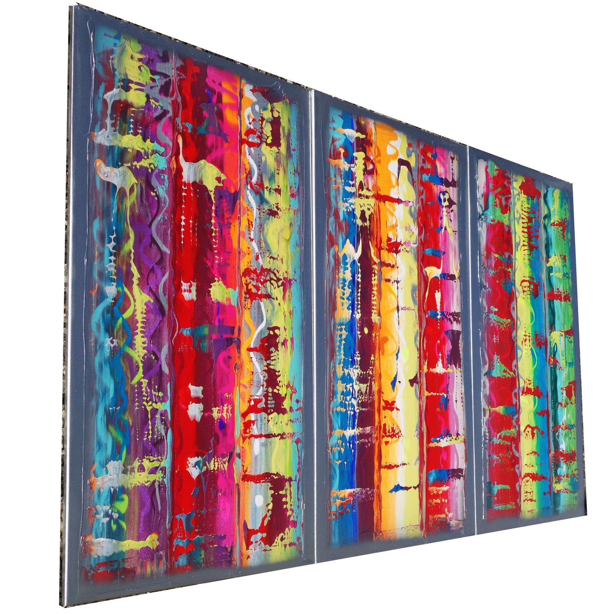 Silver colorful Paintings “Abstract A460” - Large palette knife Triptych by Ksavera