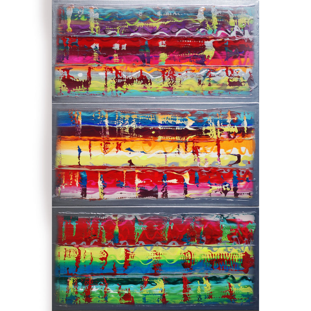 Silver colorful Paintings “Abstract A460” - Large palette knife Triptych by Ksavera