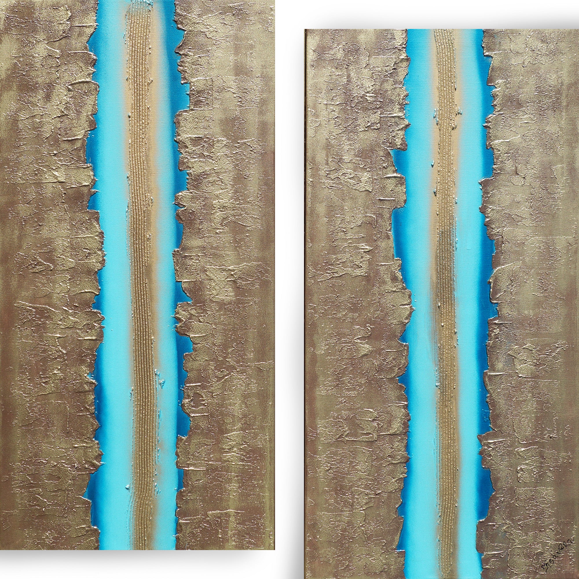 Gold Turquose Paintings “Abstract A469” - Textured Long Diptych by Ksavera