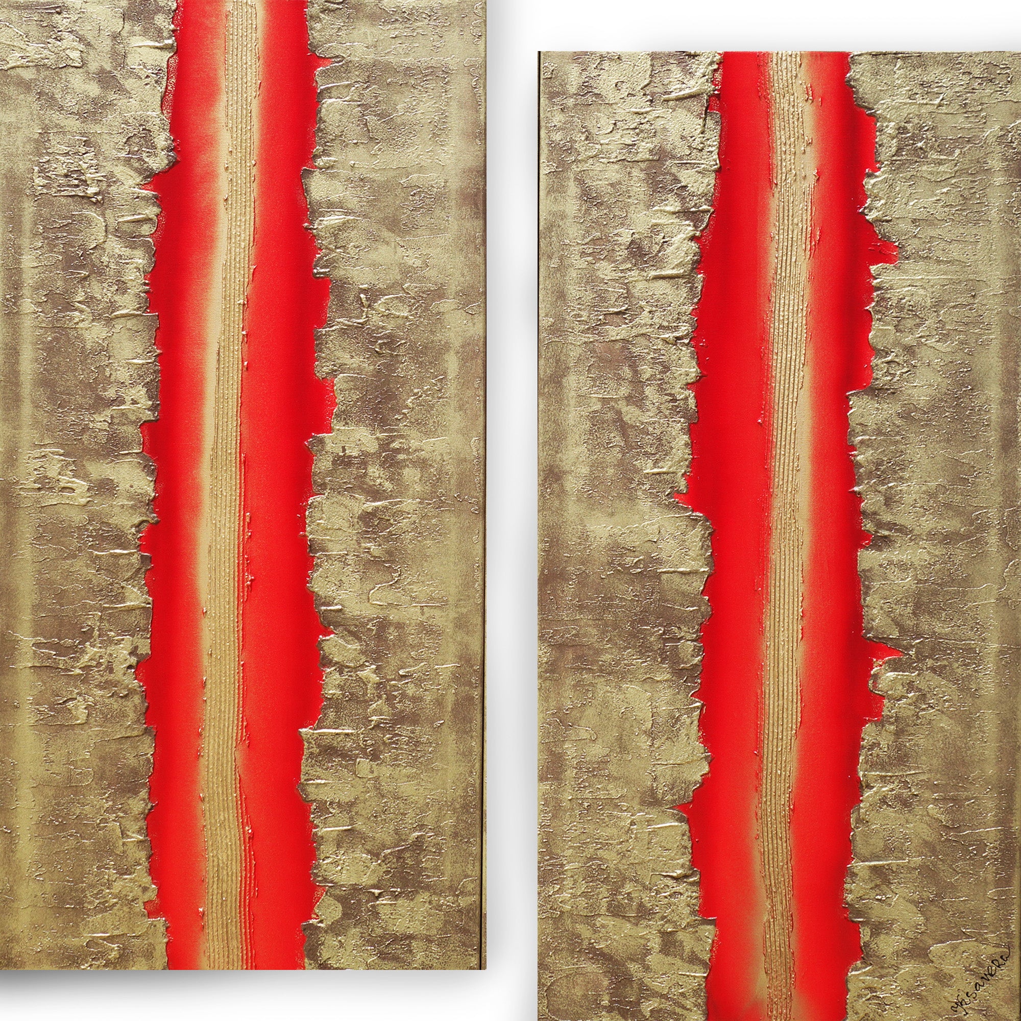 Gold Red Paintings “Abstract A470” - Textured Long Diptych by Ksavera