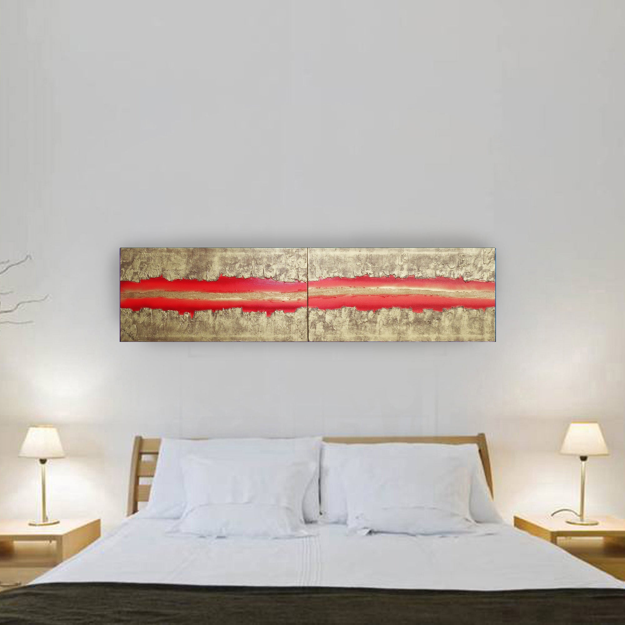 Gold Red Paintings “Abstract A470” - Textured Long Diptych by Ksavera