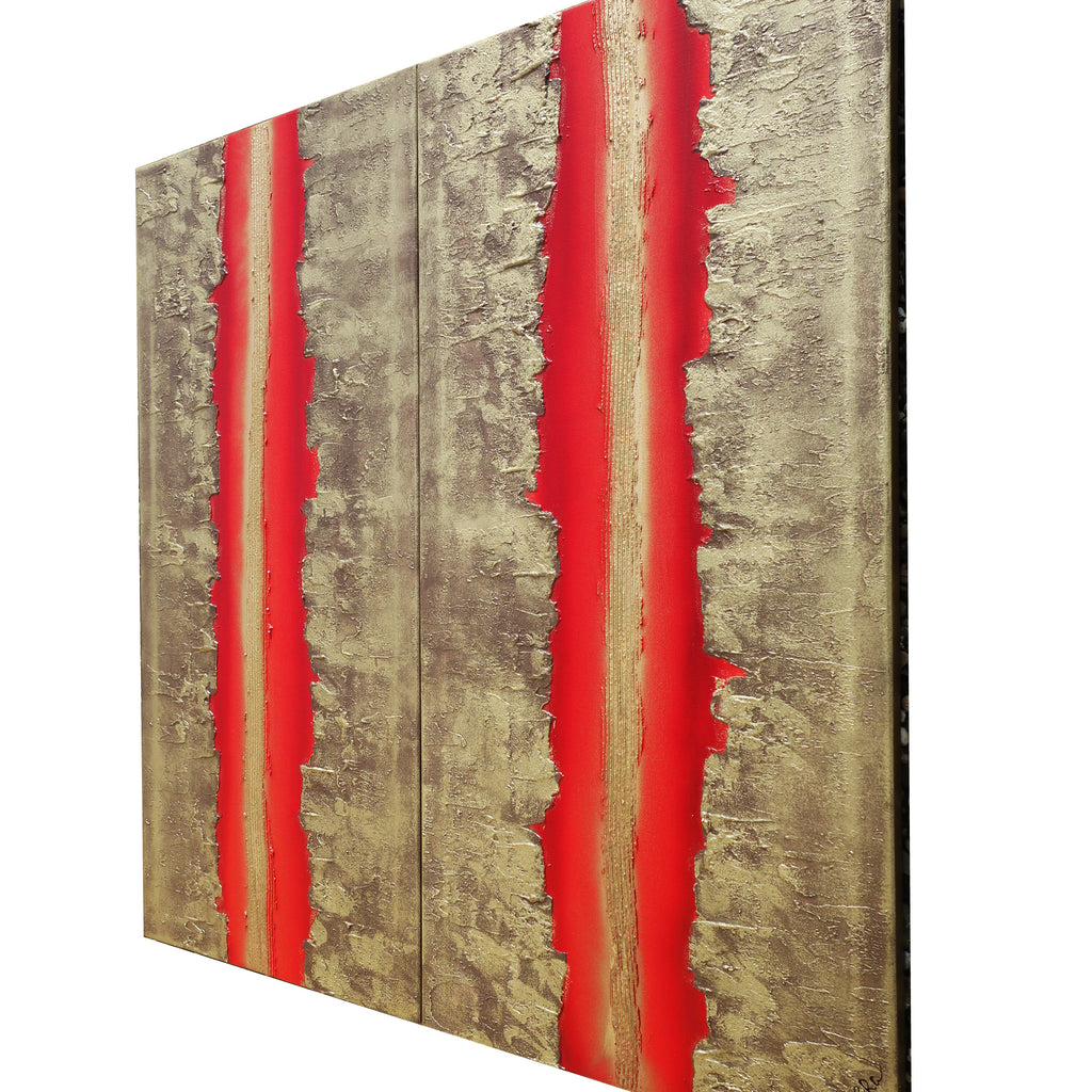 Gold Red Paintings “Abstract A470” - Textured Long Diptych by Ksavera