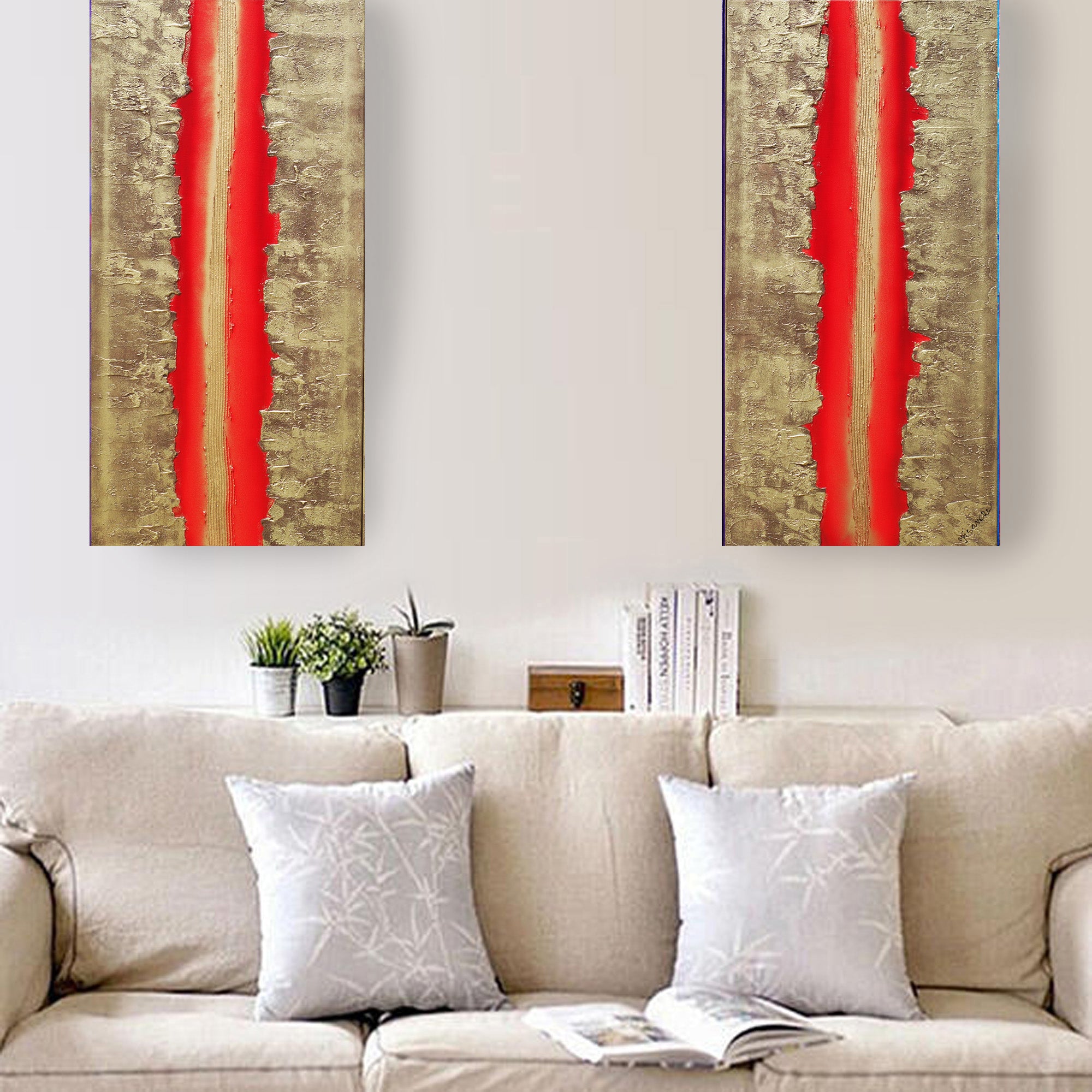 Gold Red Paintings “Abstract A470” - Textured Long Diptych by Ksavera