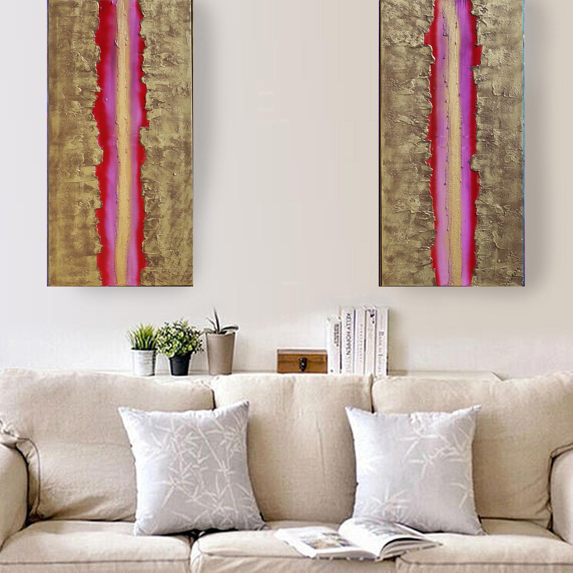 Gold Magenta Paintings “Abstract A471” - Textured Long Diptych by artist Ksavera