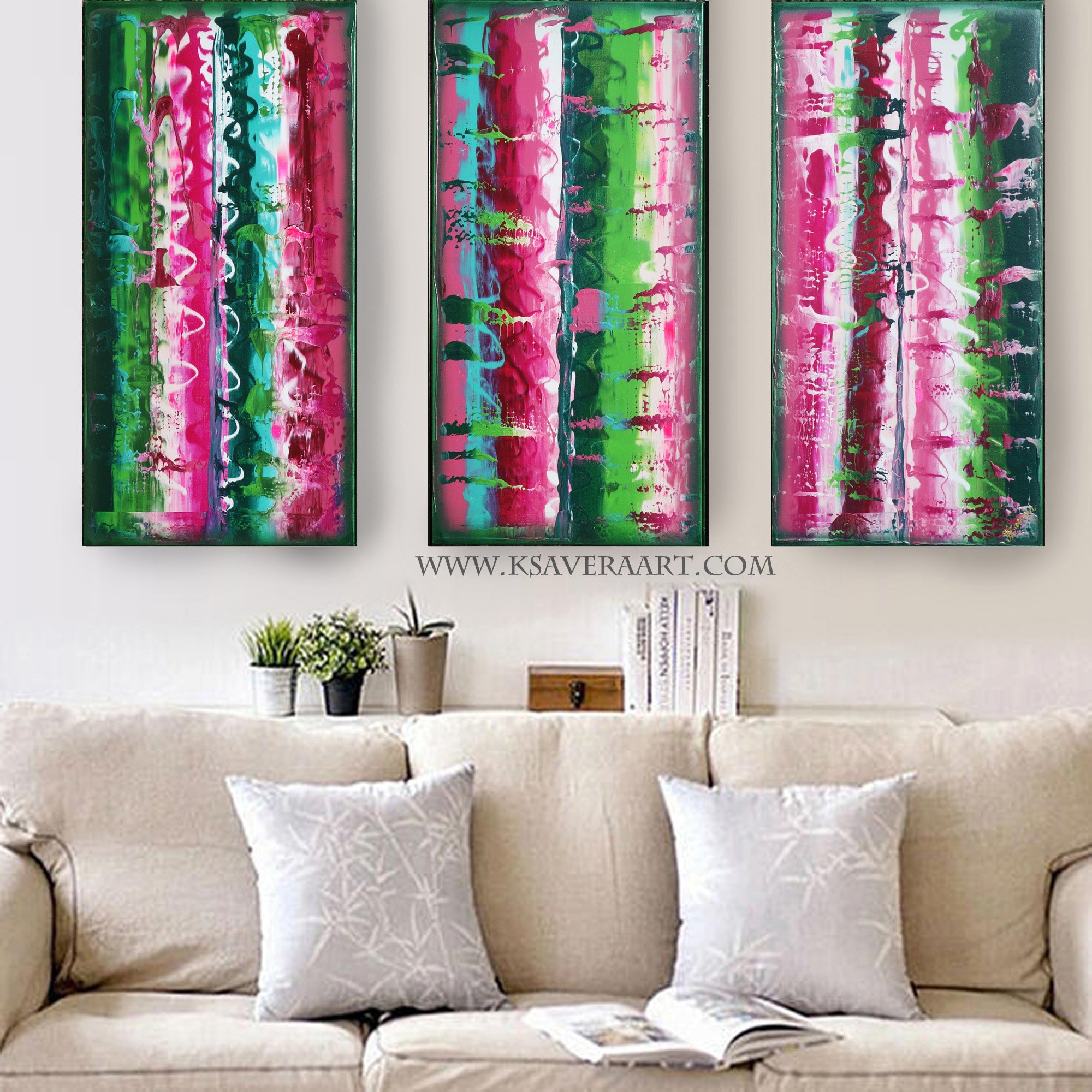 Pink green Paintings “Abstract A609” - Large palette knife Triptych by Ksavera