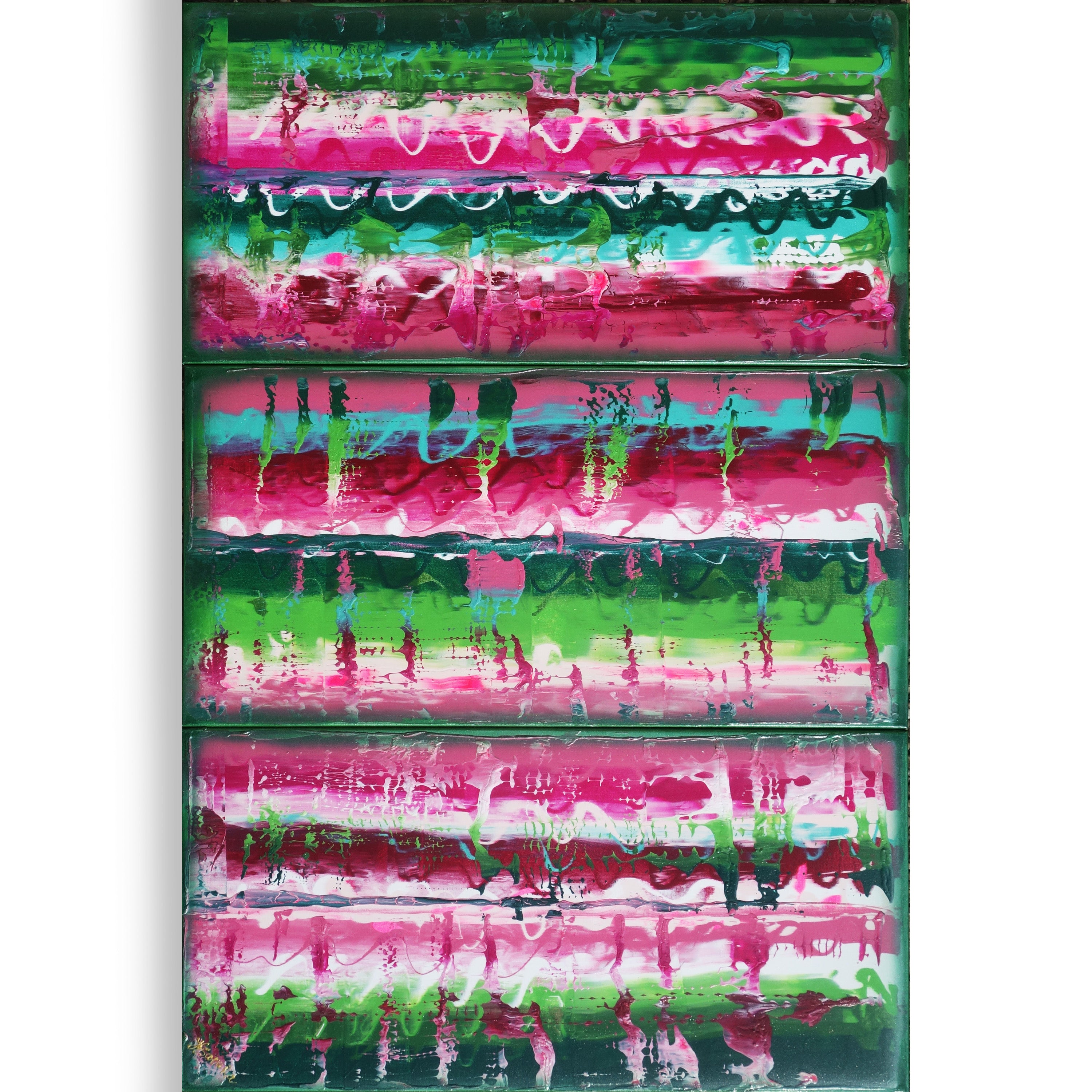 Pink green Paintings “Abstract A609” - Large palette knife Triptych by Ksavera