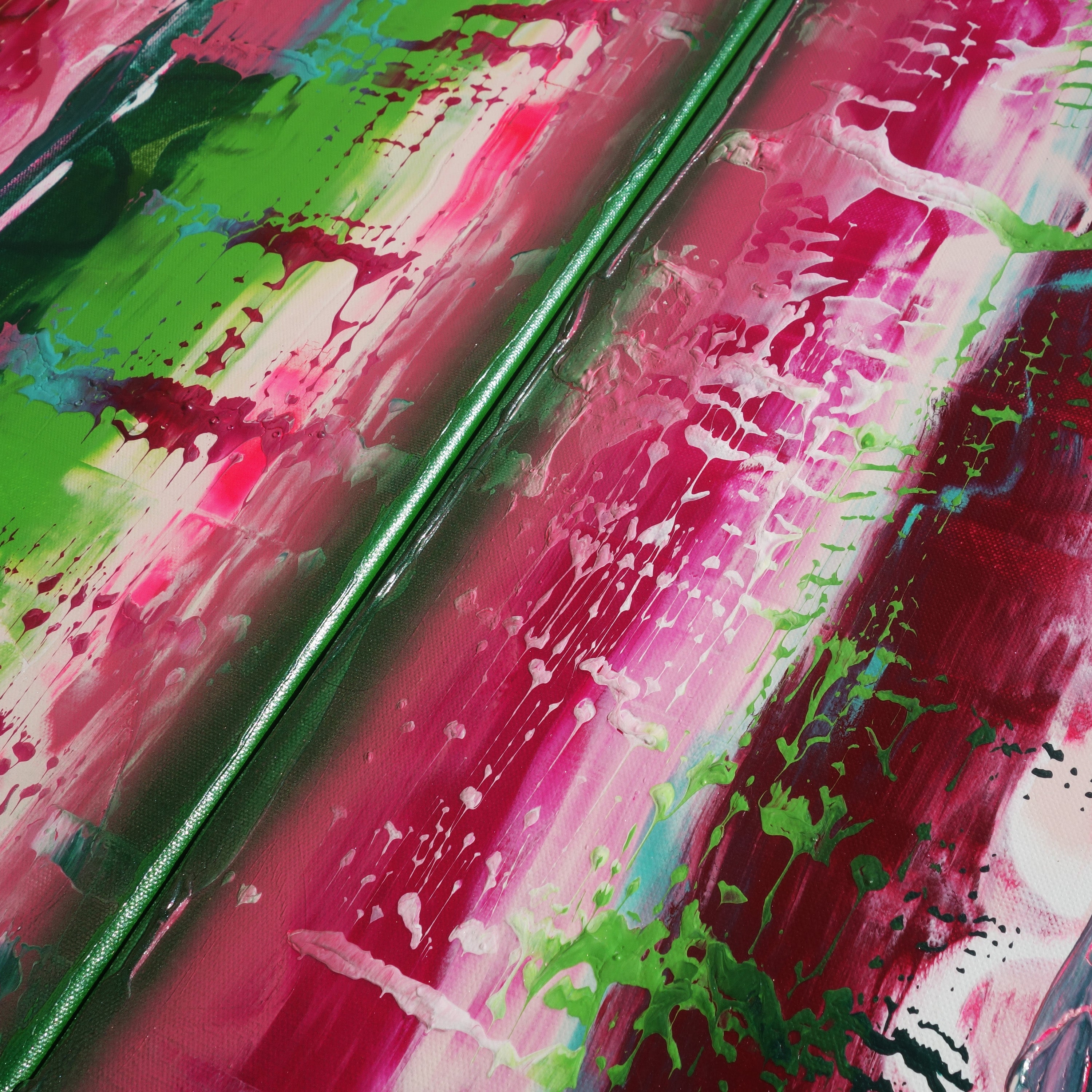 Pink green Paintings “Abstract A609” - Large palette knife Triptych by Ksavera