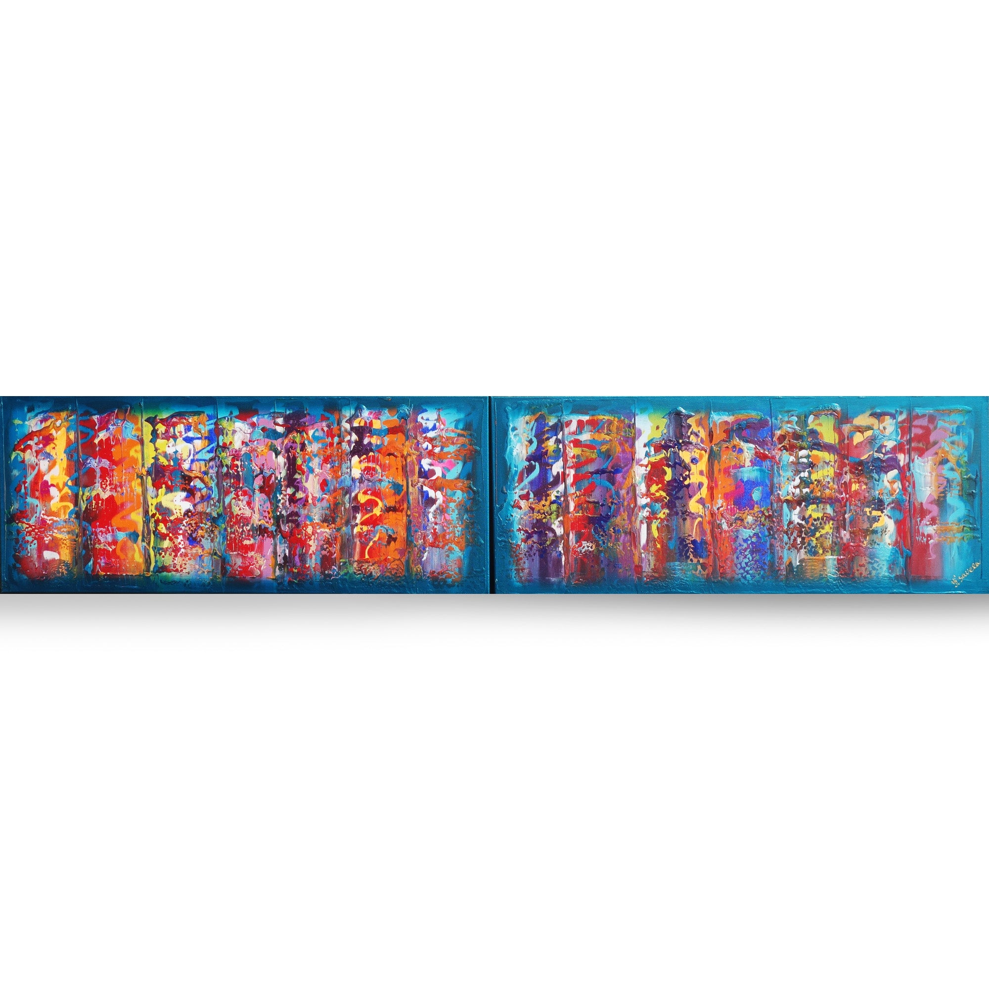 Abstract A638 blue colorful diptych - narrow long abstract paintings by artist Ksavera
