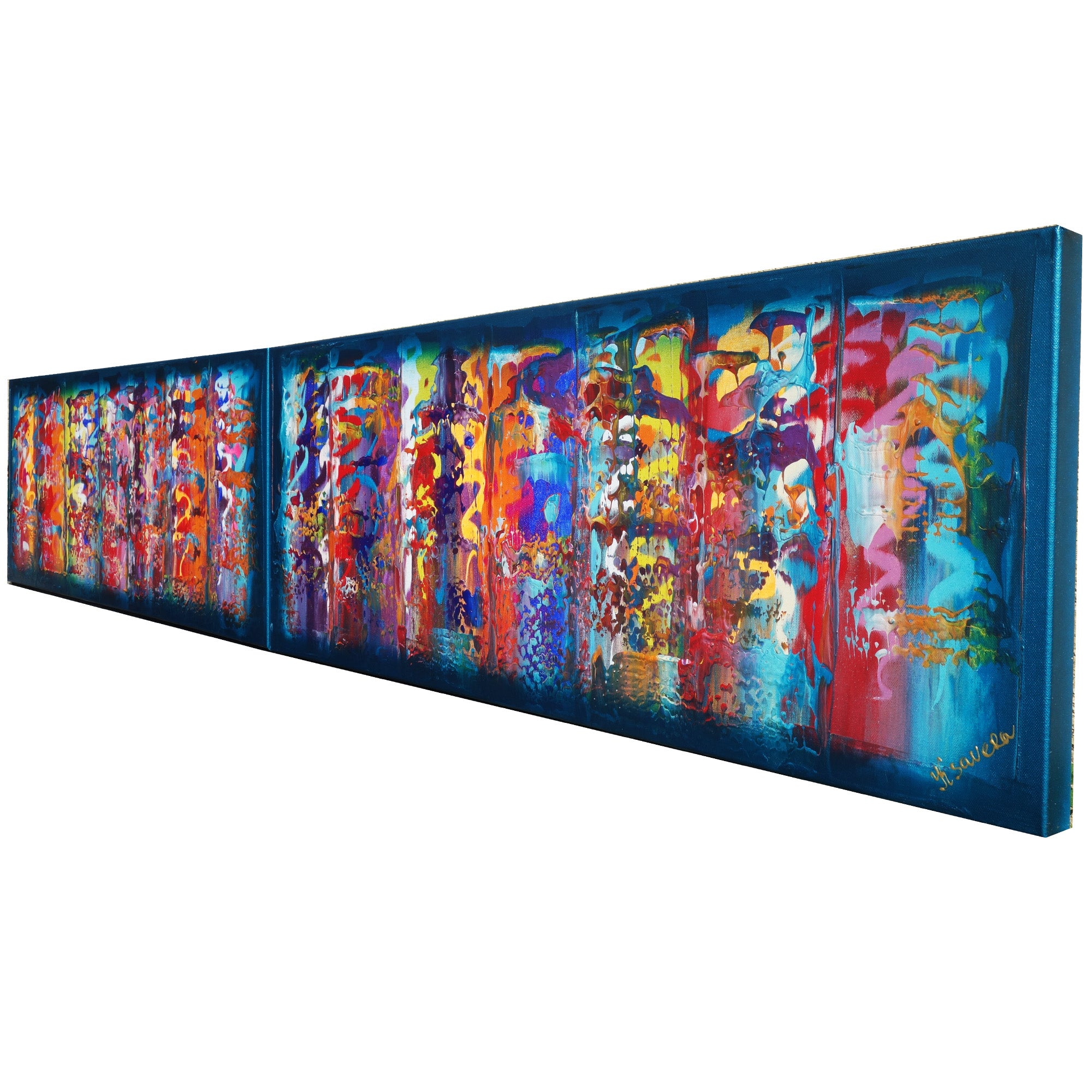 Abstract A638 blue colorful diptych - narrow long abstract paintings by artist Ksavera