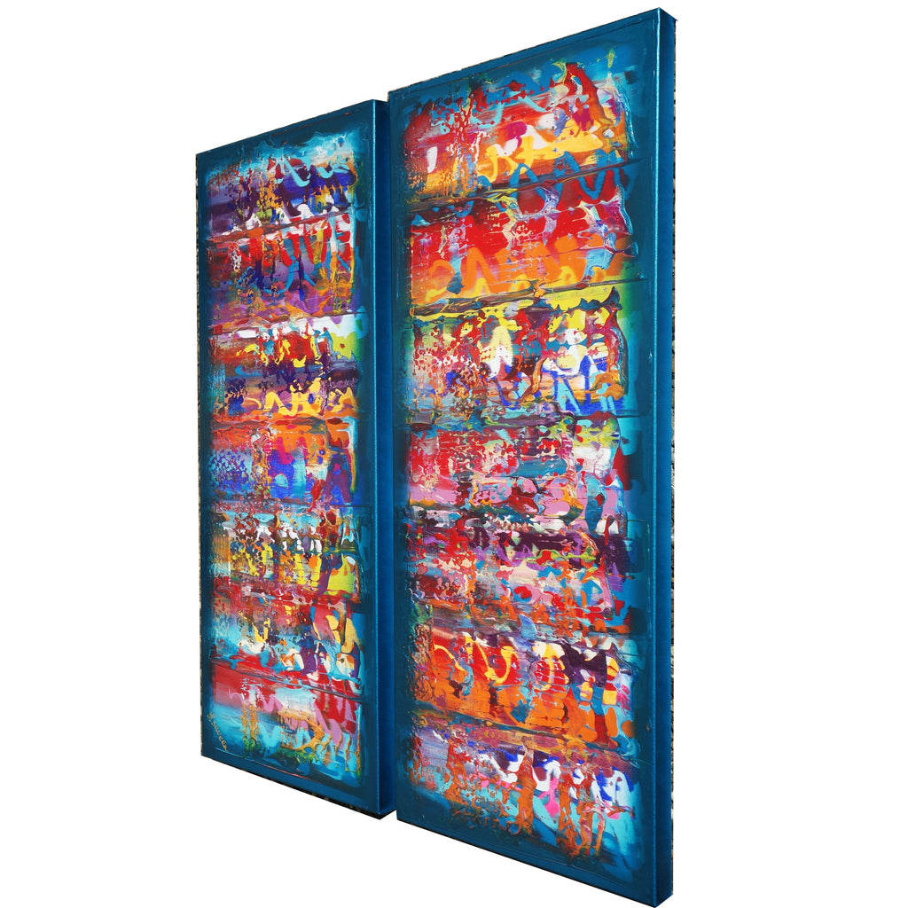 Abstract A638 blue colorful diptych - narrow long abstract paintings by artist Ksavera