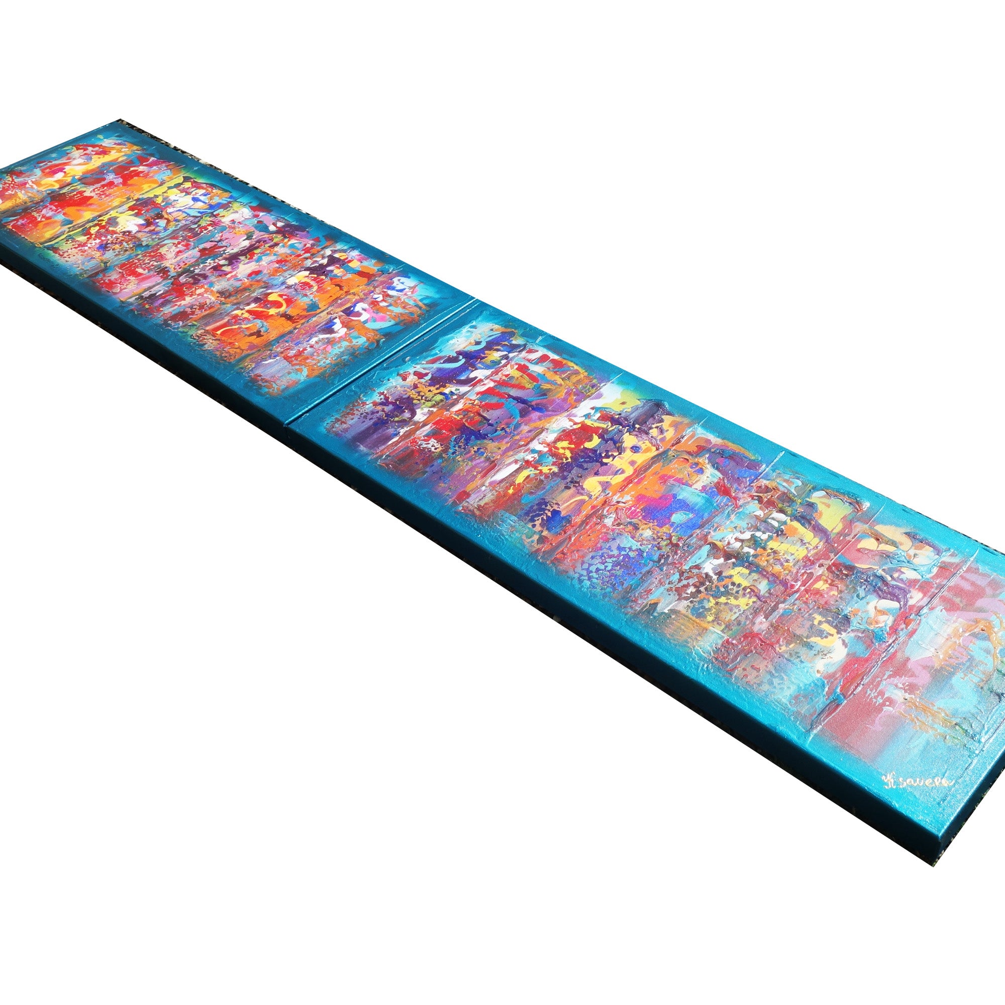 Abstract A638 blue colorful diptych - narrow long abstract paintings by artist Ksavera