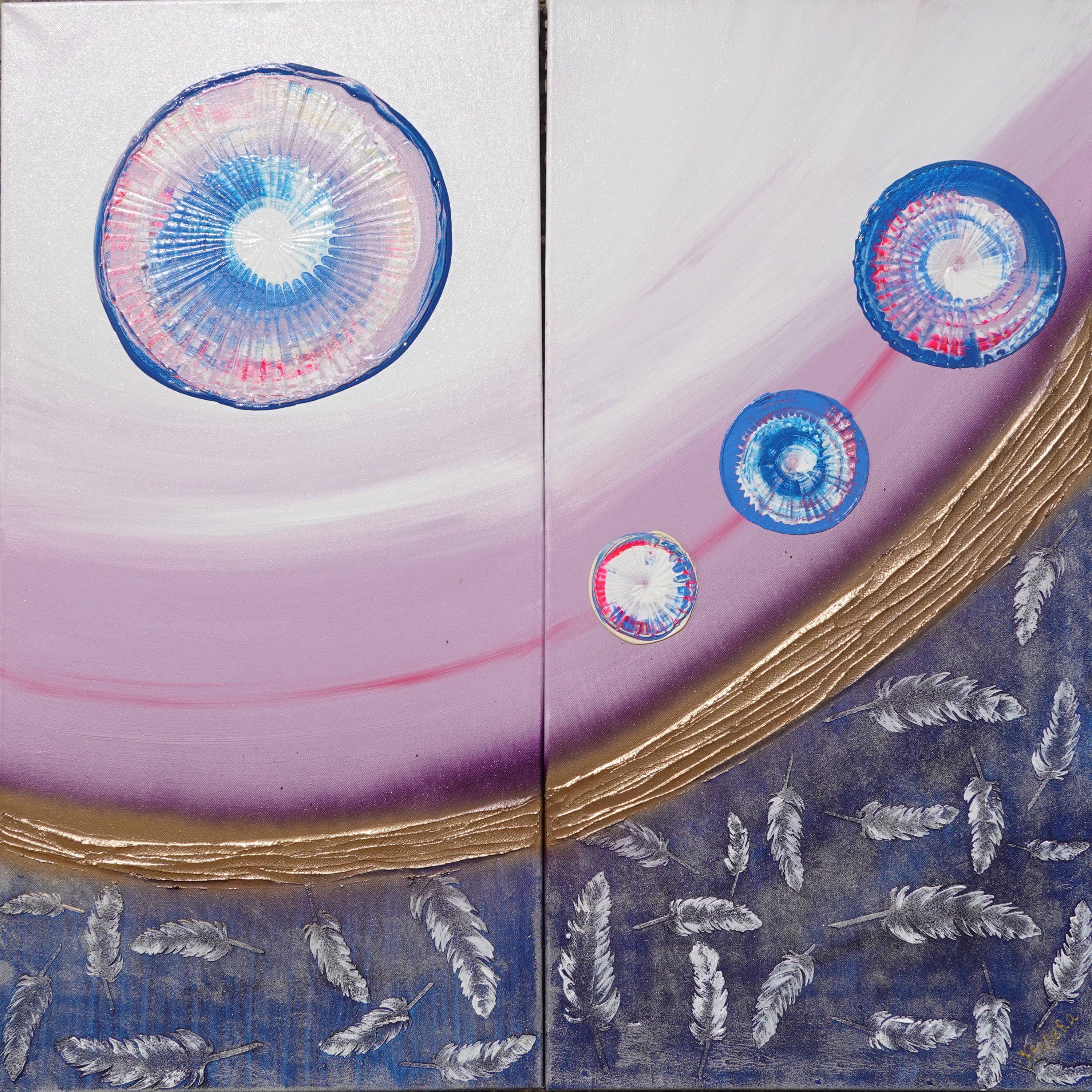 Peintures abstraites violettes A1003 — Diptyque long texturé, peinture acrylique originale sur toile tendue de l'artiste Ksavera