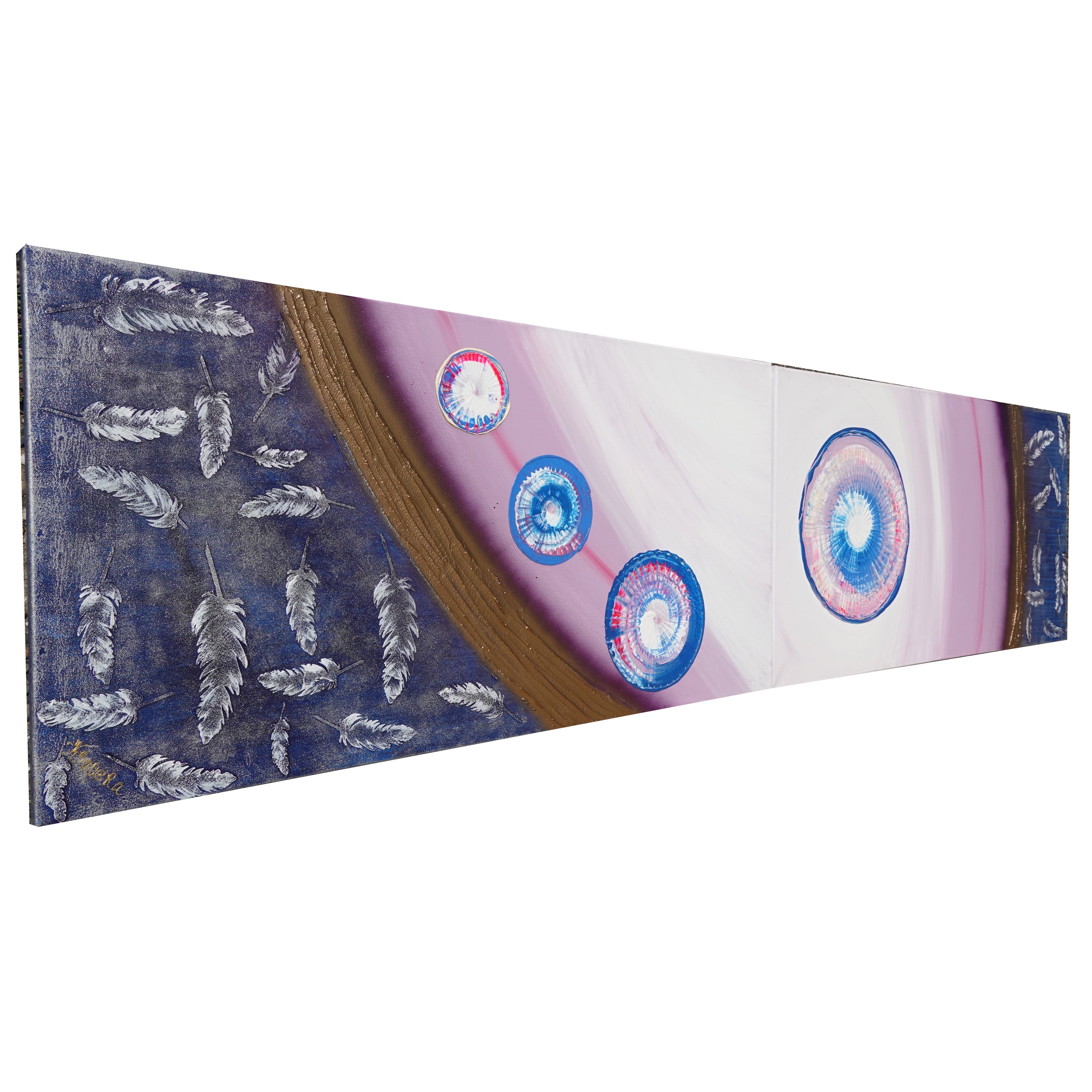 Peintures abstraites violettes A1003 — Diptyque long texturé, peinture acrylique originale sur toile tendue de l'artiste Ksavera