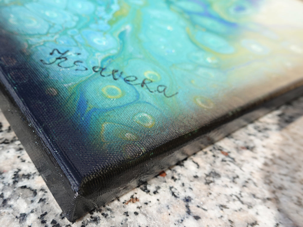 Abstract painting A1118 large pouring blue triptych by Ksavera