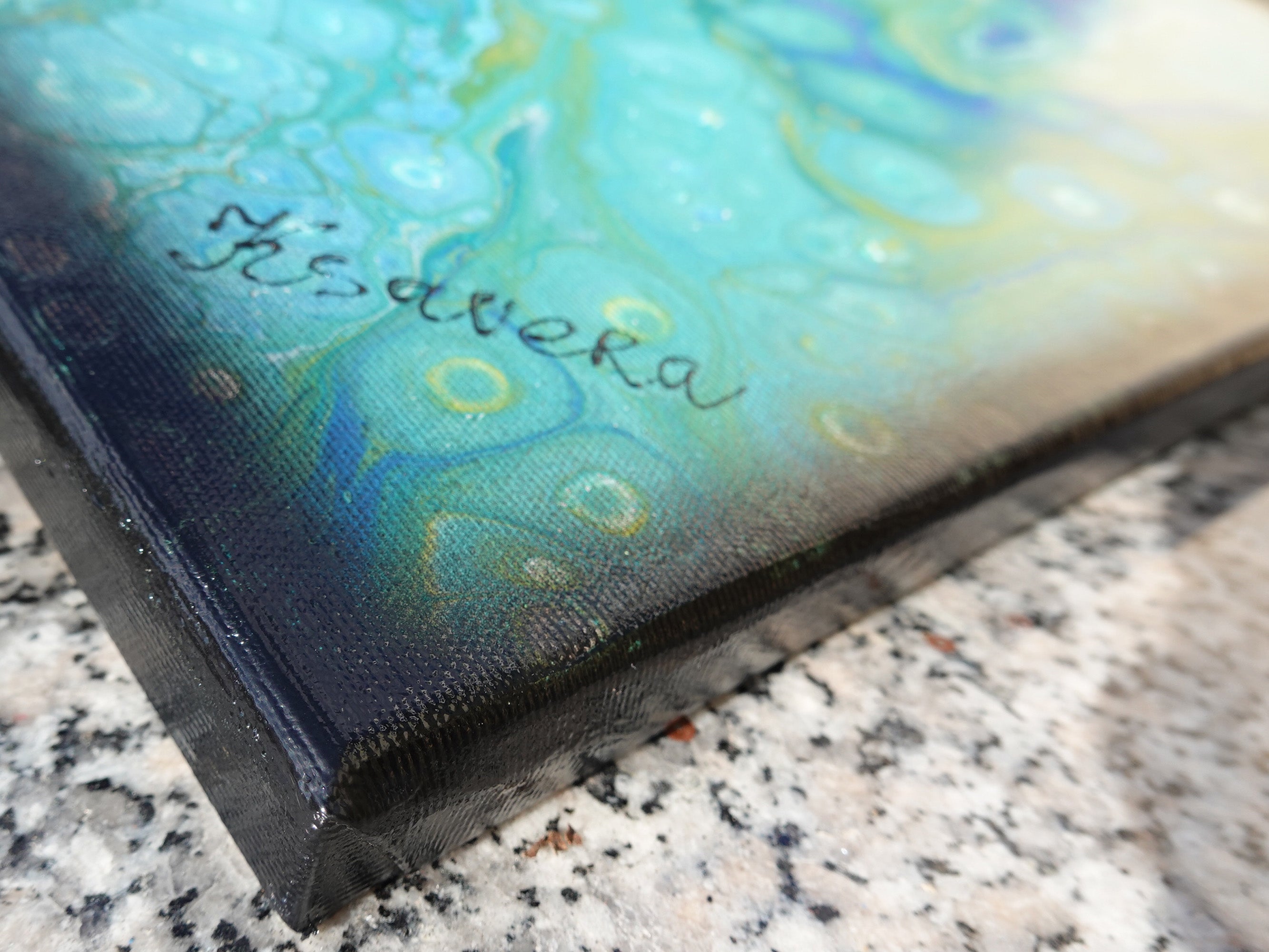 Abstract painting A1118 large pouring blue triptych by Ksavera