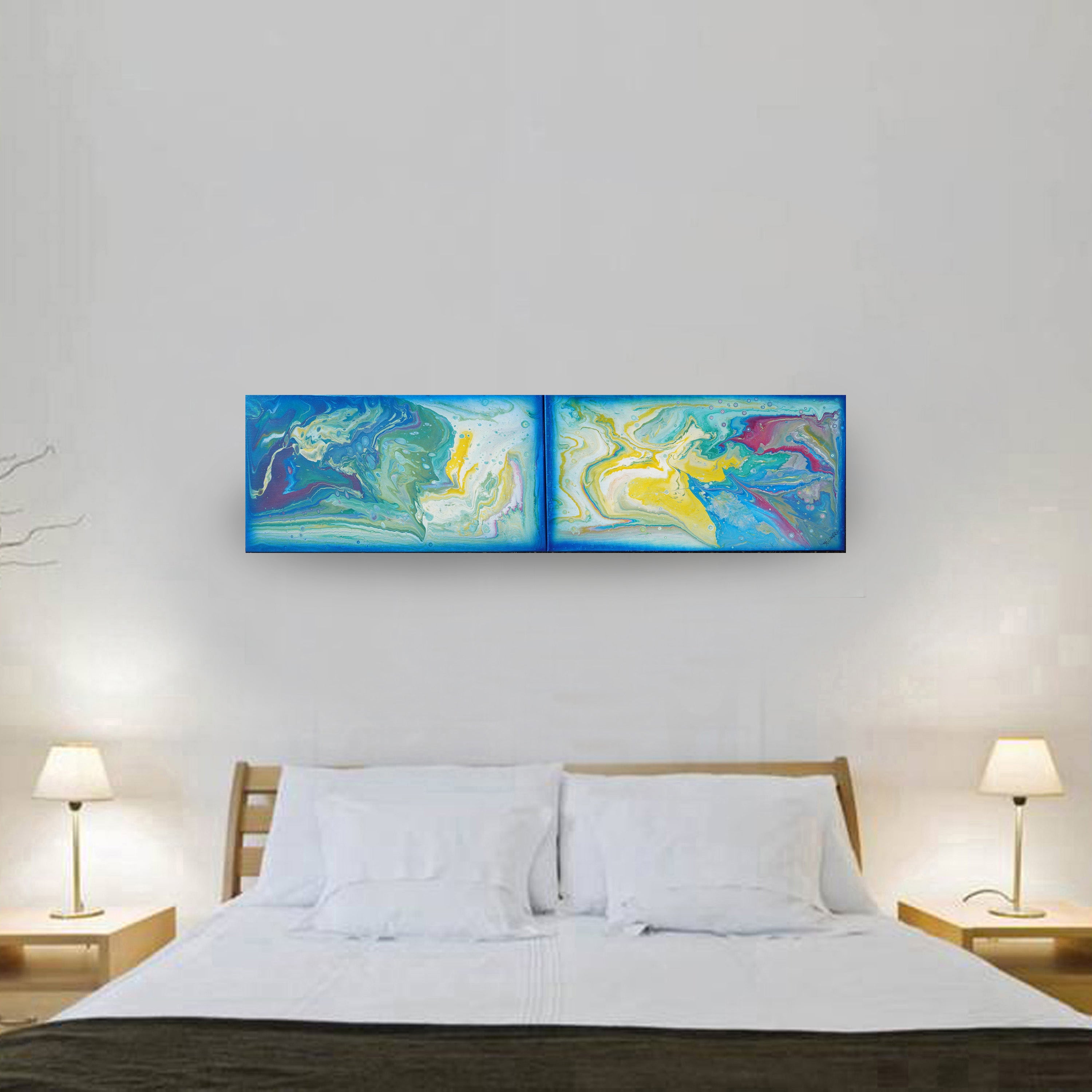 Pouring Abstract paintings A1068 - large blue diptych, original acrylic painting by artist Ksavera