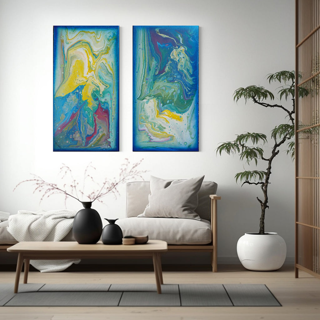 Pouring Abstract paintings A1068 - large blue diptych, original acrylic painting by artist Ksavera