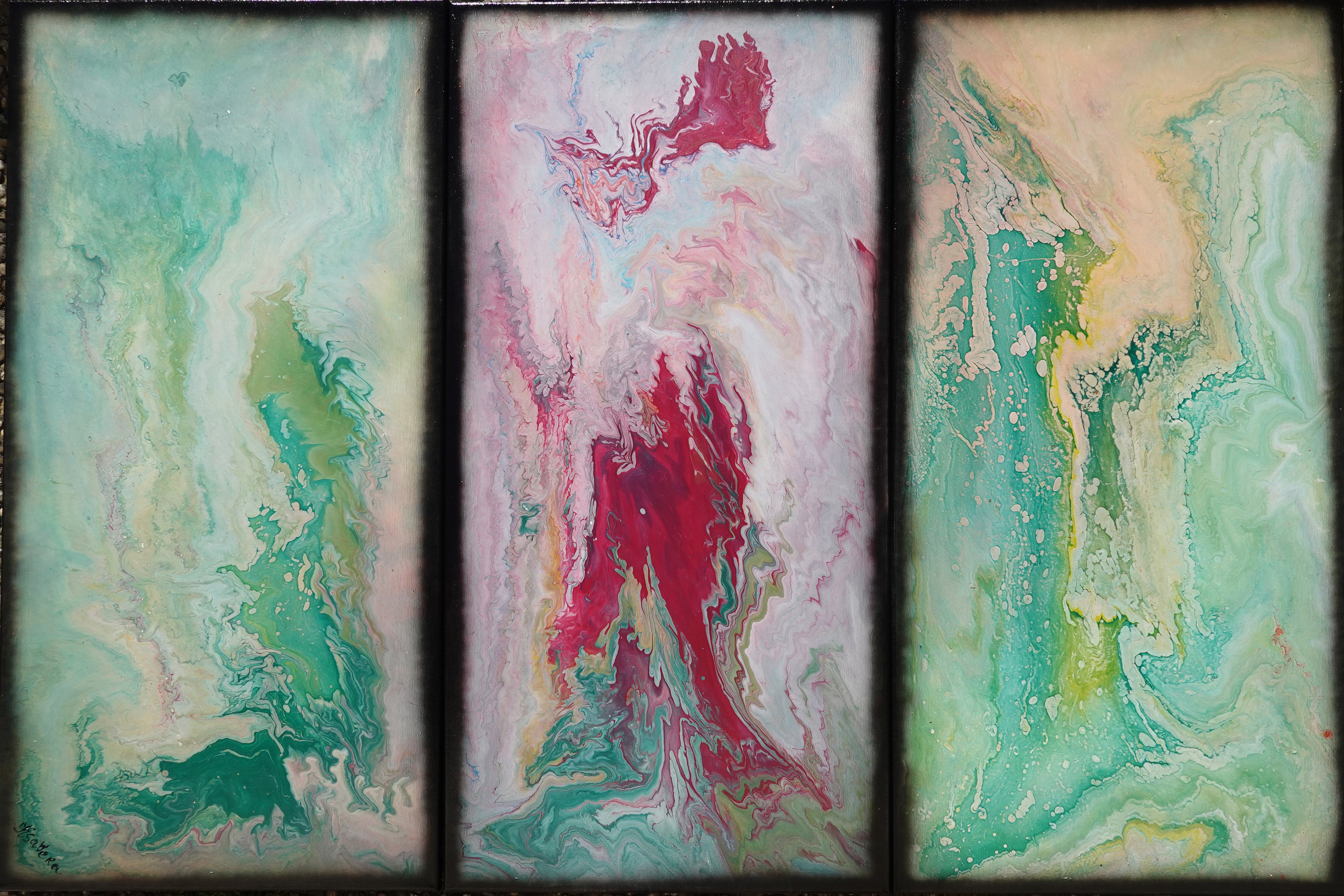 Abstract painting A1117 is a large-scale pouring green pink triptych. Original Acrylic Paintings on stretched canvas by artist Ksavera