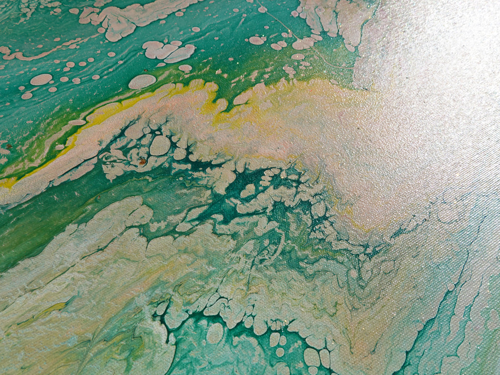 Abstract painting A1117 is a large-scale pouring green pink triptych. Original Acrylic Paintings on stretched canvas by artist Ksavera