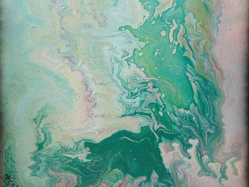 Abstract painting A1117 is a large-scale pouring green pink triptych. Original Acrylic Paintings on stretched canvas by artist Ksavera